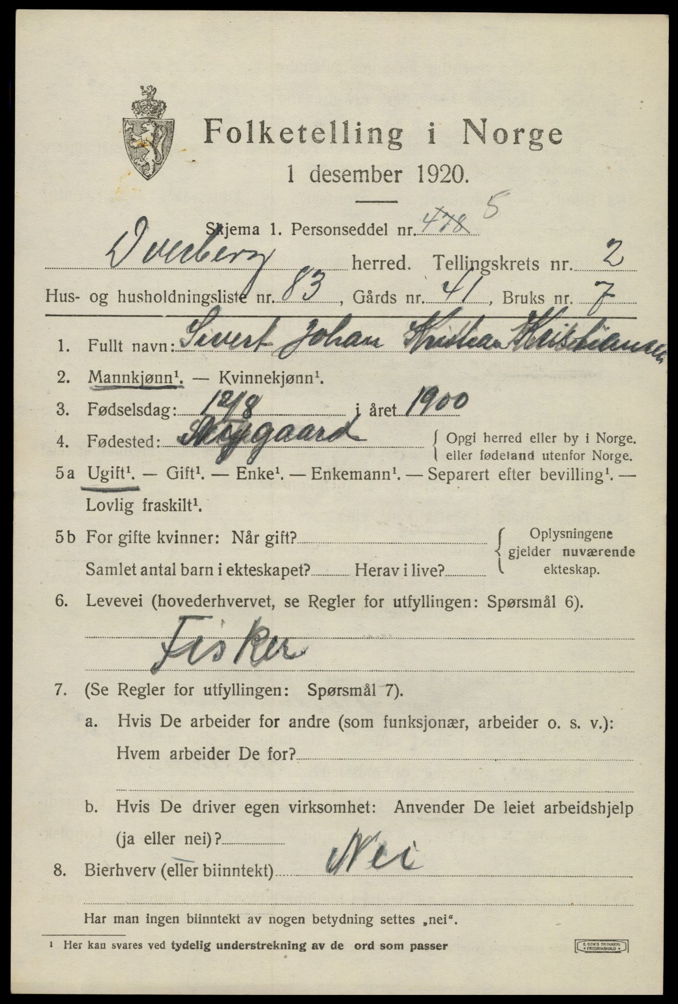 SAT, 1920 census for Dverberg, 1920, p. 3652