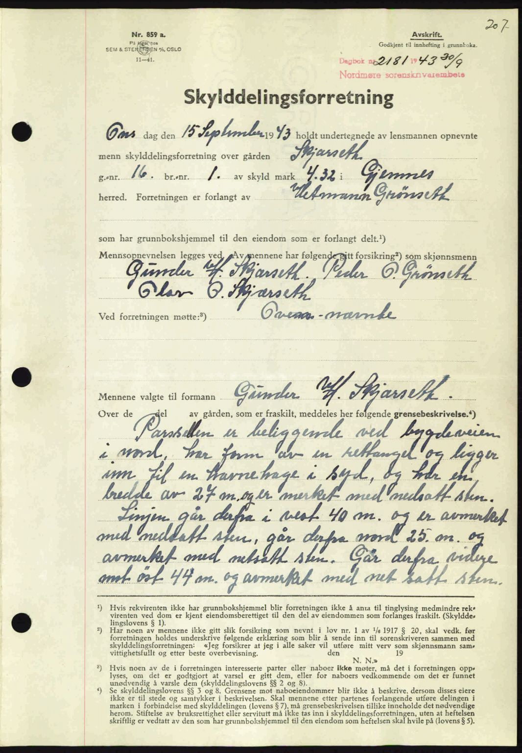 Nordmøre sorenskriveri, SAT/A-4132/1/2/2Ca: Mortgage book no. A96, 1943-1944, Diary no: : 2181/1943