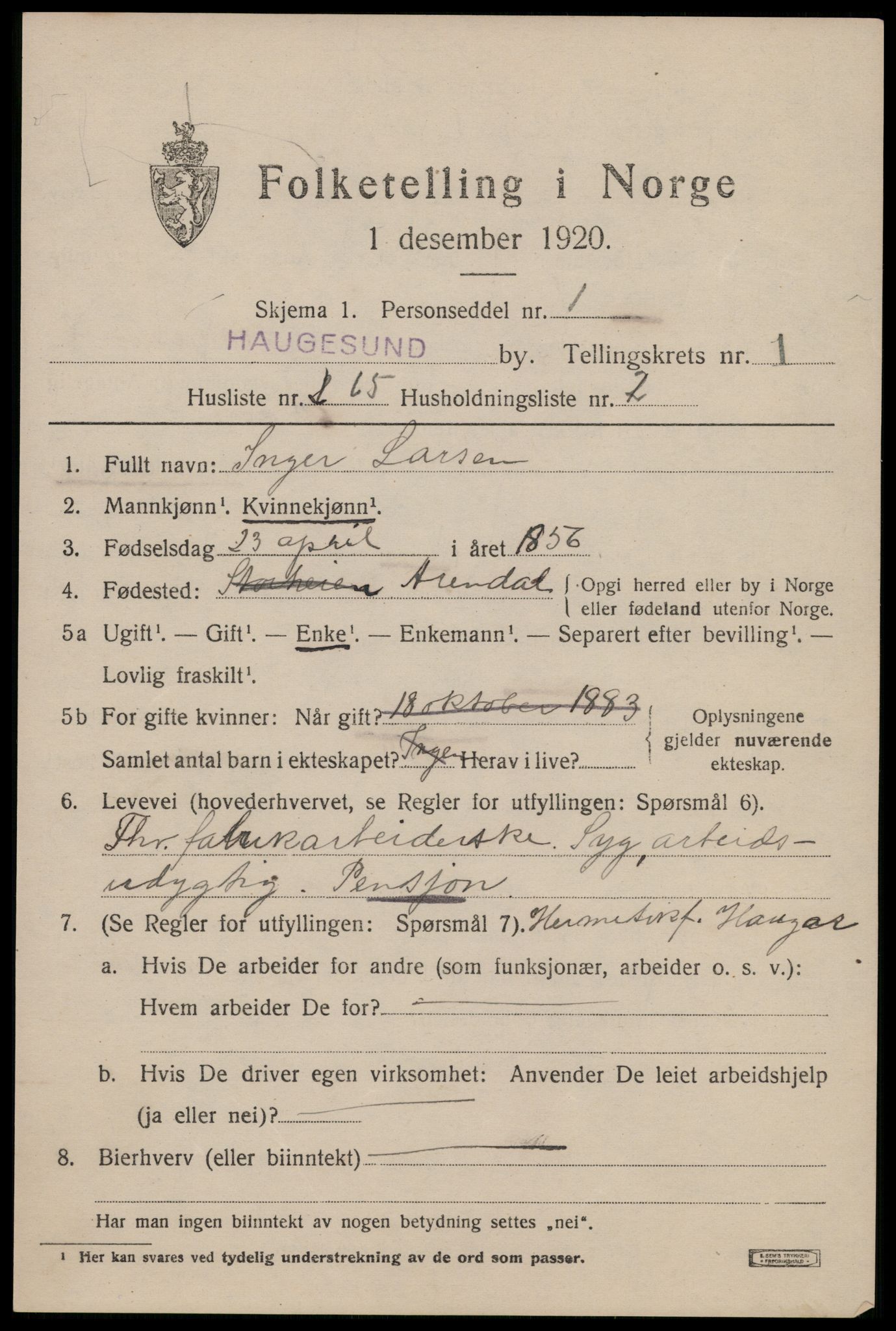 SAST, 1920 census for Haugesund, 1920, p. 12517