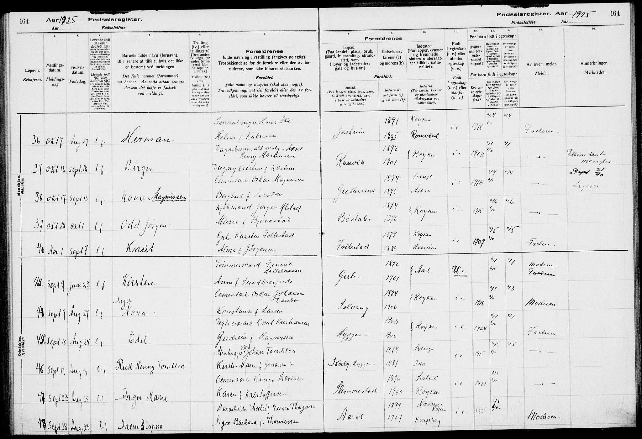 Røyken kirkebøker, AV/SAKO-A-241/J/Ja/L0001: Birth register no. 1, 1916-1927, p. 164