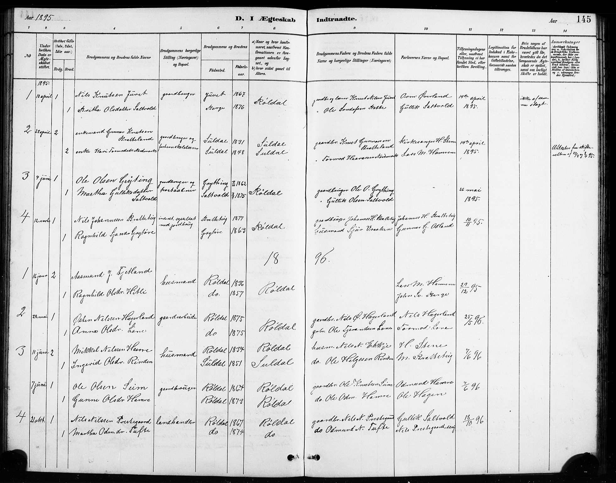 Røldal sokneprestembete, SAB/A-100247: Parish register (copy) no. A 3, 1887-1917, p. 145