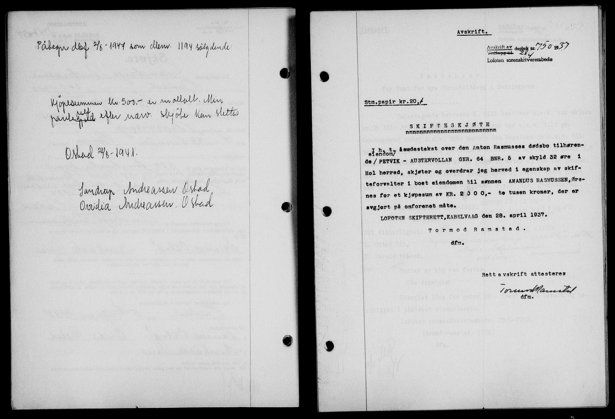 Lofoten sorenskriveri, SAT/A-0017/1/2/2C/L0002a: Mortgage book no. 2a, 1937-1937, Diary no: : 750/1937