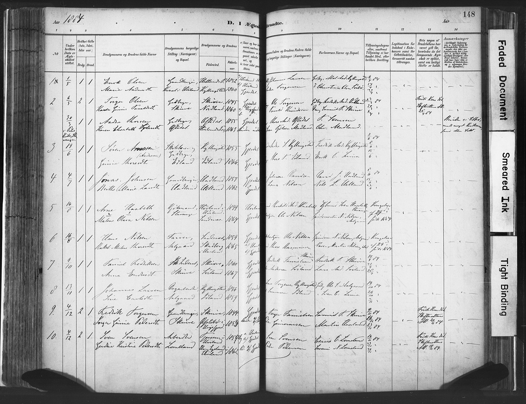 Lye sokneprestkontor, SAST/A-101794/001/30BA/L0010: Parish register (official) no. A 10, 1881-1896, p. 148