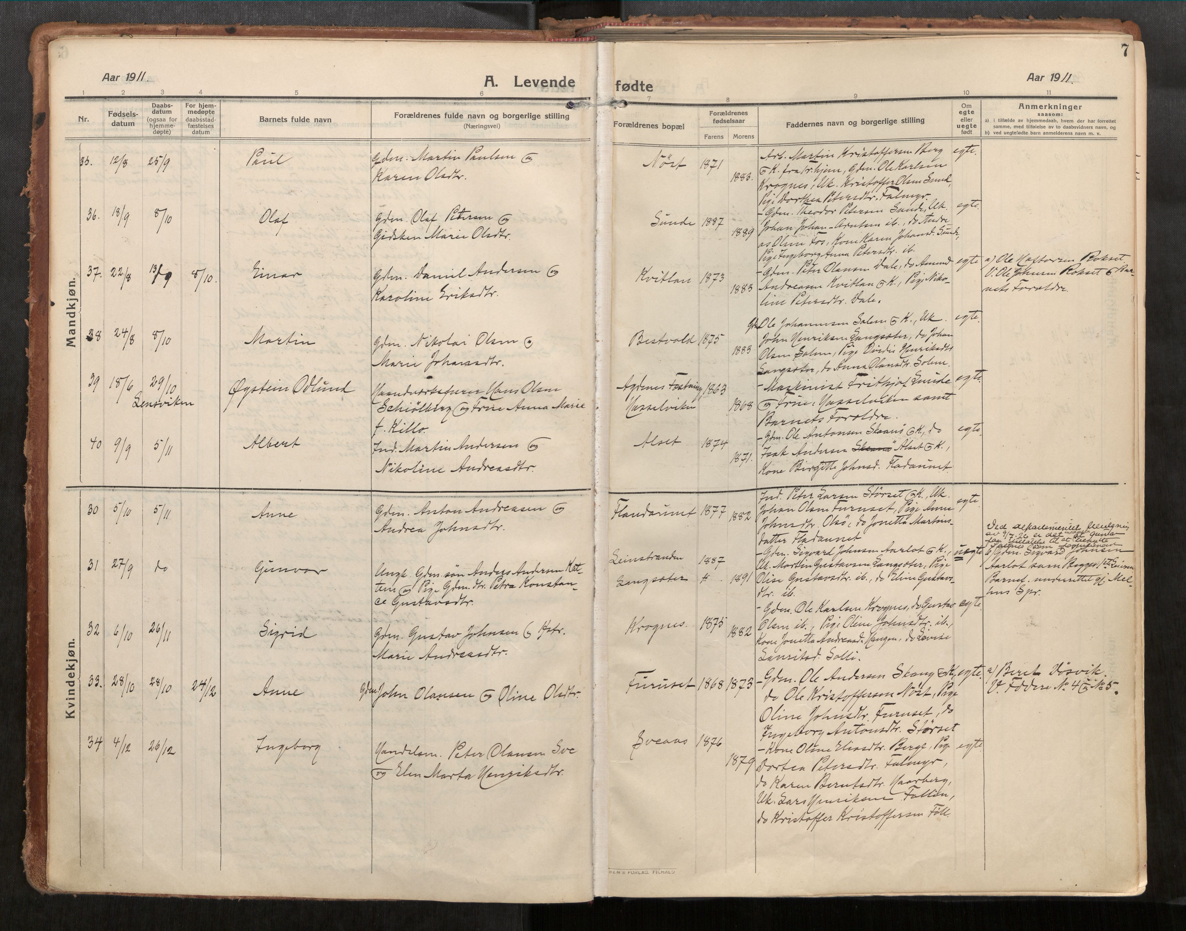 Stadsbygd sokneprestkontor, AV/SAT-A-1117/1/I/I1/I1a/L0001: Parish register (official) no. 1, 1911-1929, p. 7
