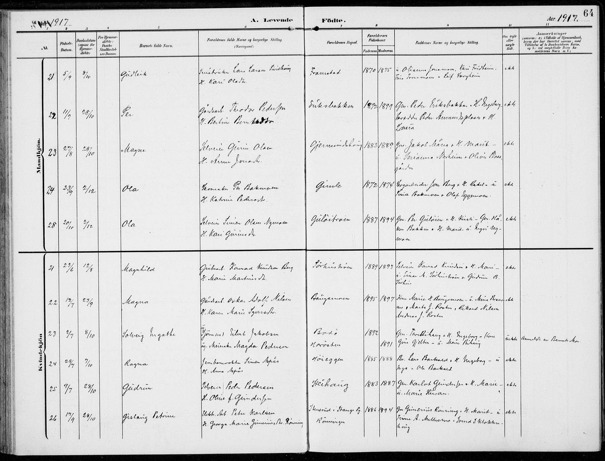 Alvdal prestekontor, SAH/PREST-060/H/Ha/Haa/L0004: Parish register (official) no. 4, 1907-1919, p. 64