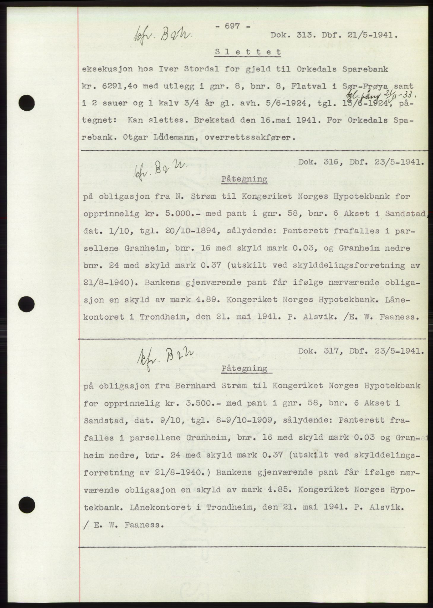 Hitra sorenskriveri, AV/SAT-A-0018/2/2C/2Ca: Mortgage book no. C1, 1936-1945, Diary no: : 313/1941