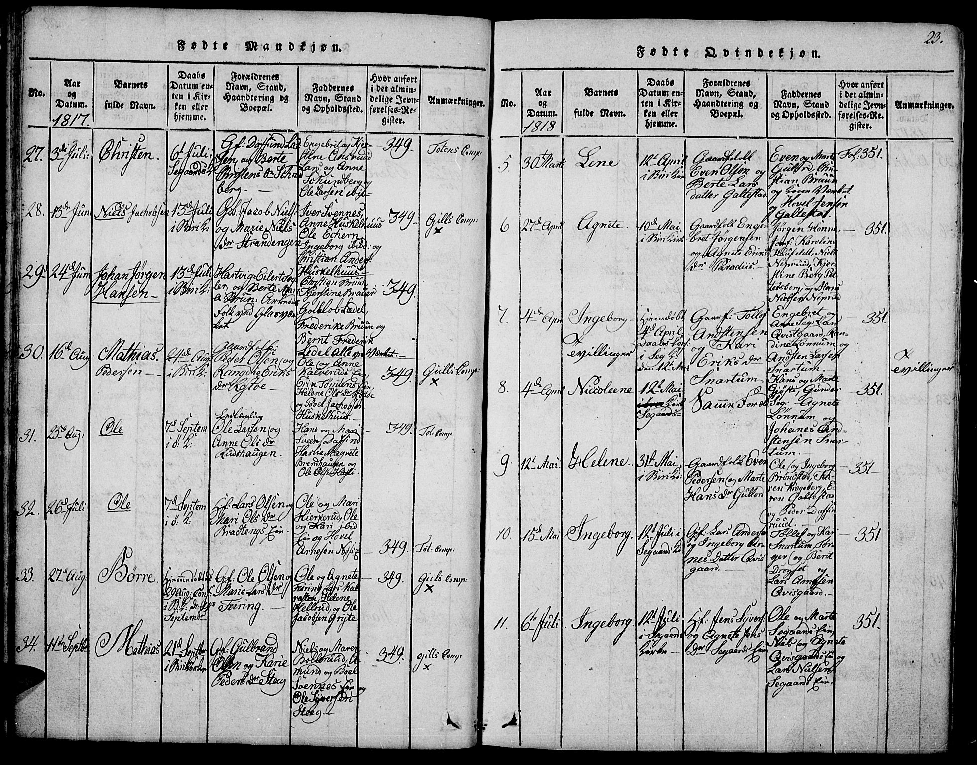 Biri prestekontor, SAH/PREST-096/H/Ha/Hab/L0001: Parish register (copy) no. 1, 1814-1828, p. 23