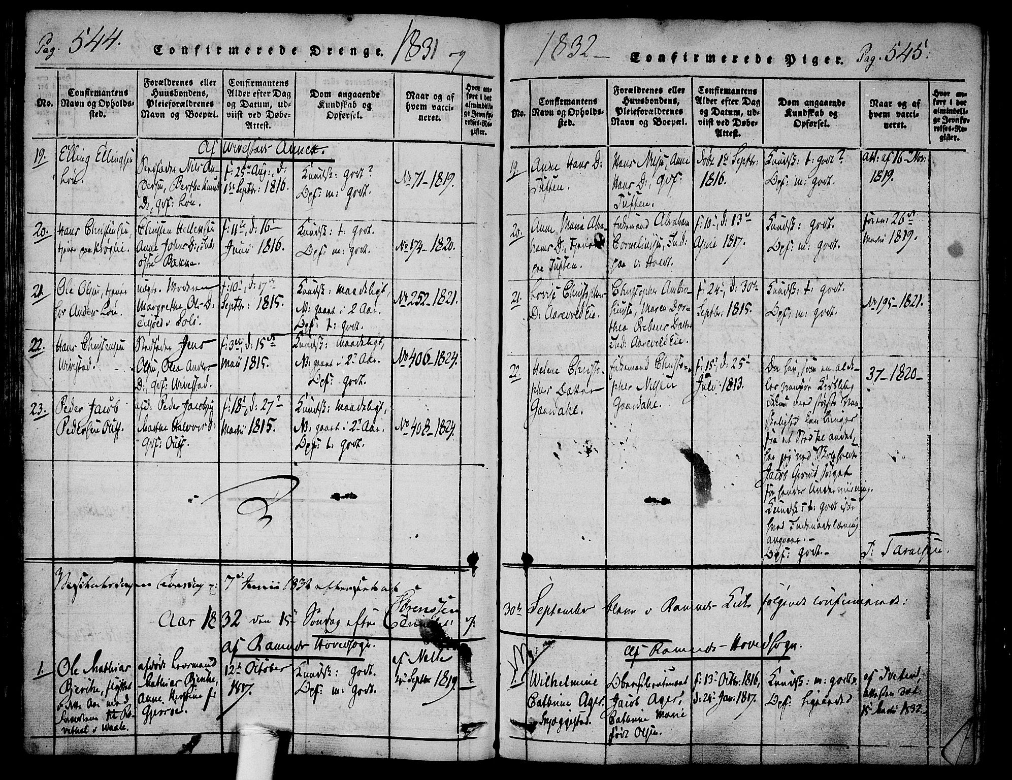 Ramnes kirkebøker, AV/SAKO-A-314/F/Fa/L0004: Parish register (official) no. I 4, 1813-1840, p. 544-545