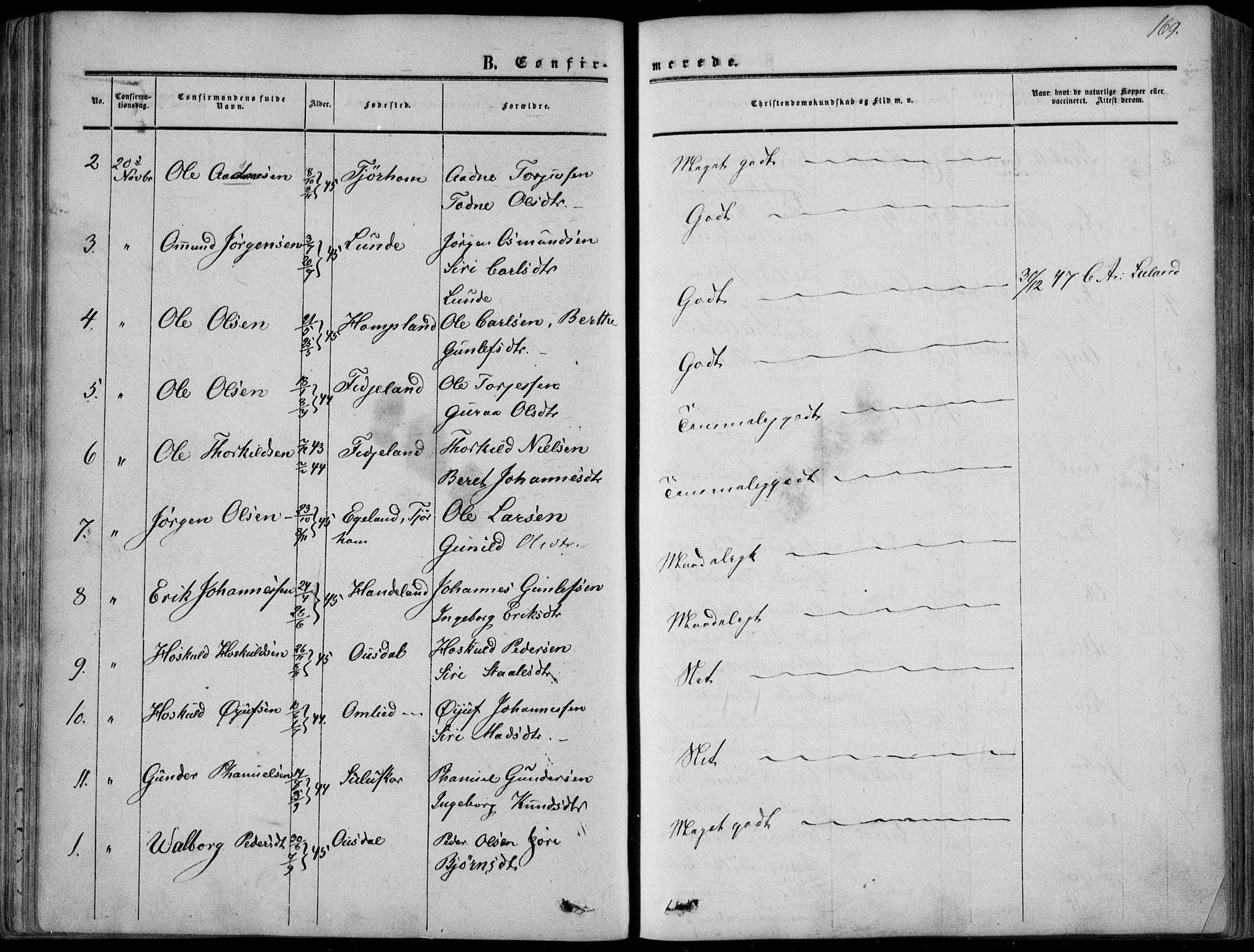 Sirdal sokneprestkontor, AV/SAK-1111-0036/F/Fa/Fab/L0002: Parish register (official) no. A 2, 1855-1874, p. 169