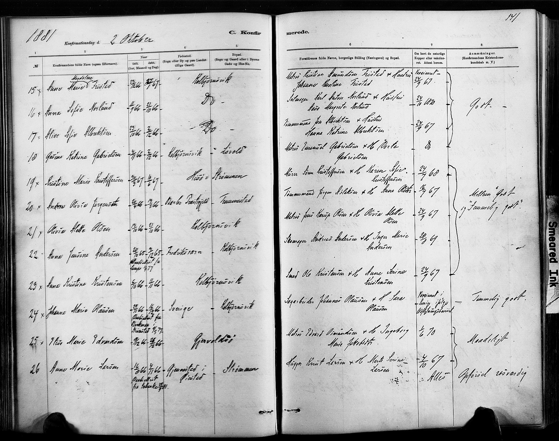 Hisøy sokneprestkontor, AV/SAK-1111-0020/F/Fa/L0003: Parish register (official) no. A 3, 1881-1894, p. 141