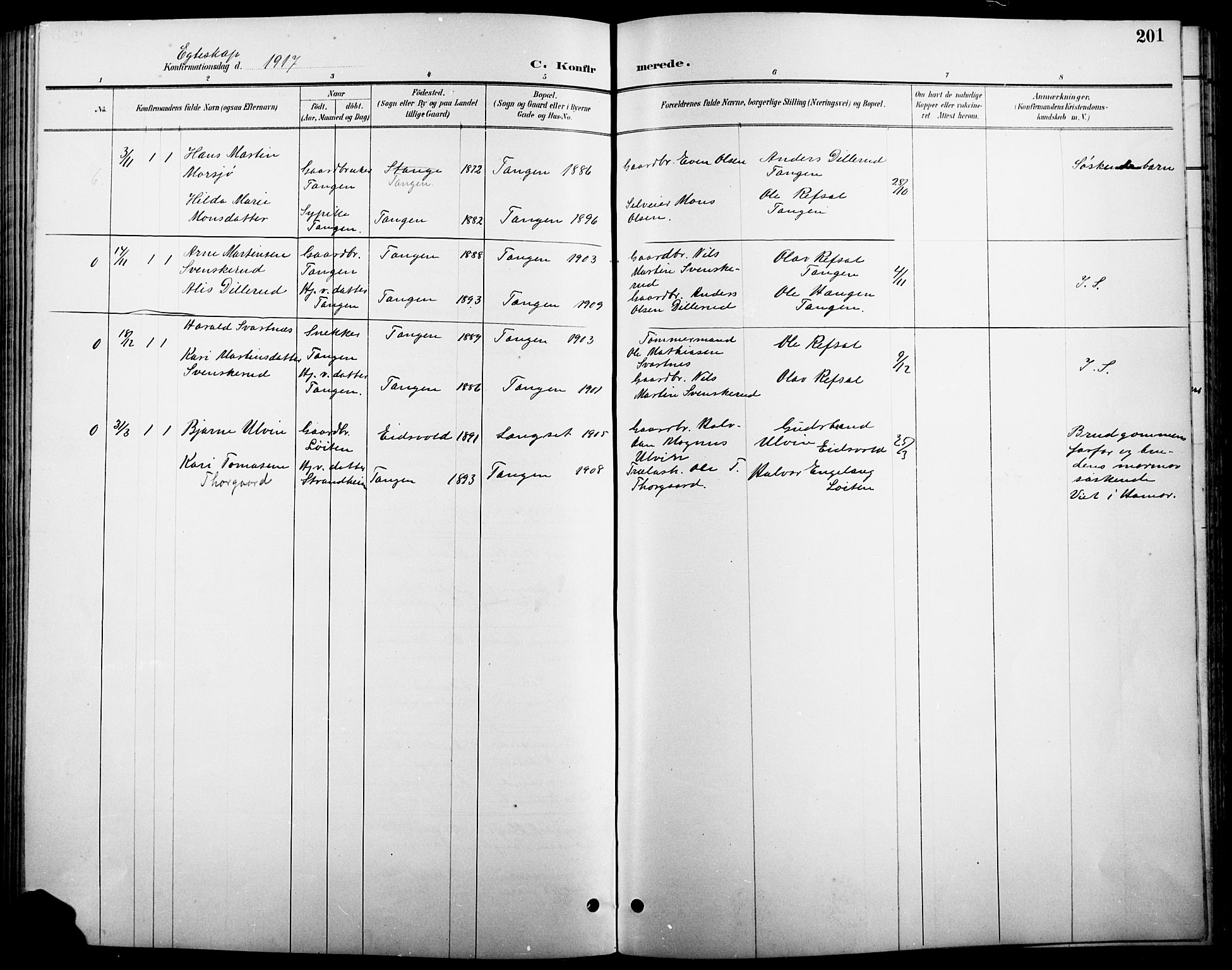 Stange prestekontor, SAH/PREST-002/L/L0011: Parish register (copy) no. 11, 1895-1917, p. 201