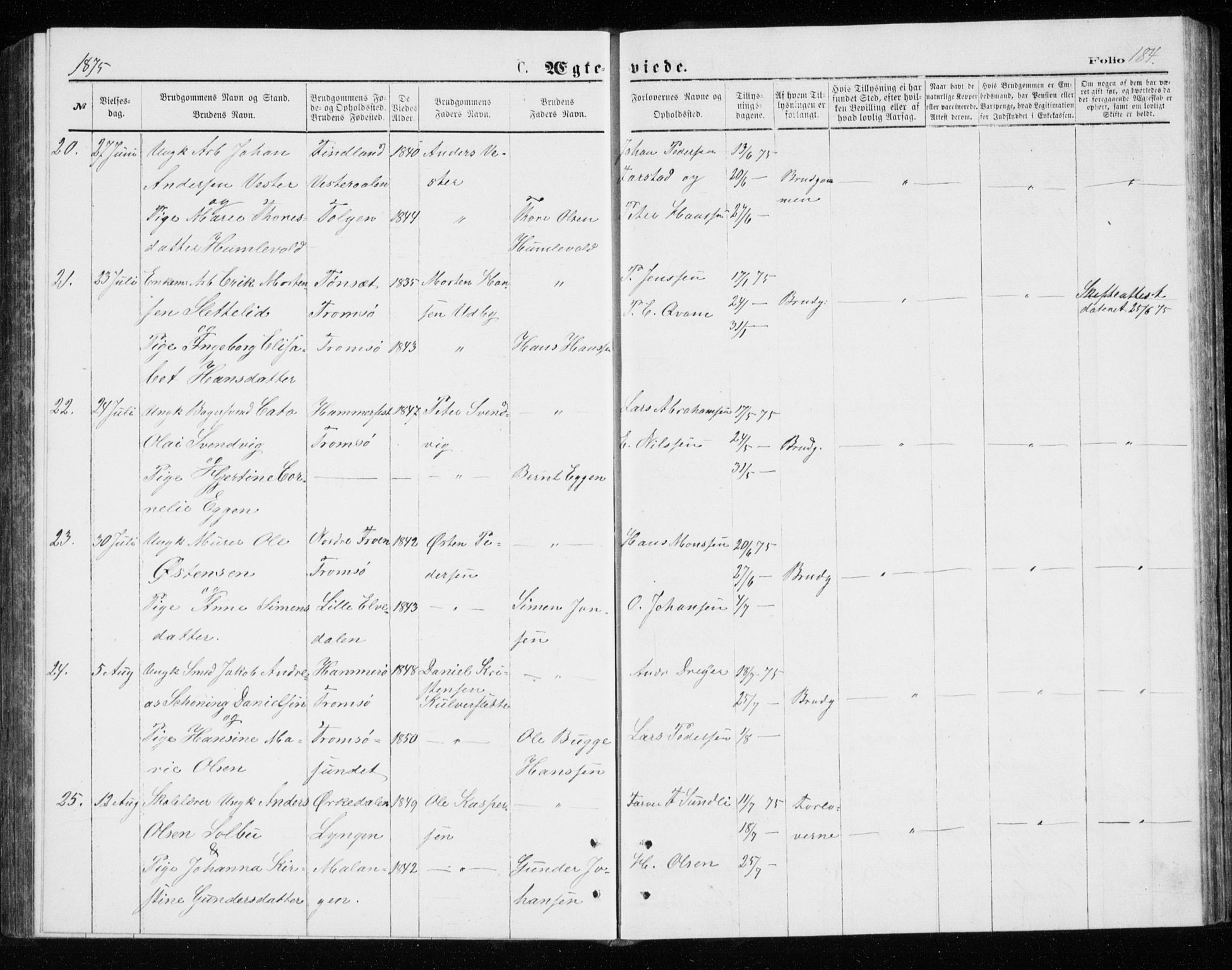 Tromsø sokneprestkontor/stiftsprosti/domprosti, AV/SATØ-S-1343/G/Gb/L0008klokker: Parish register (copy) no. 8, 1875-1879, p. 184