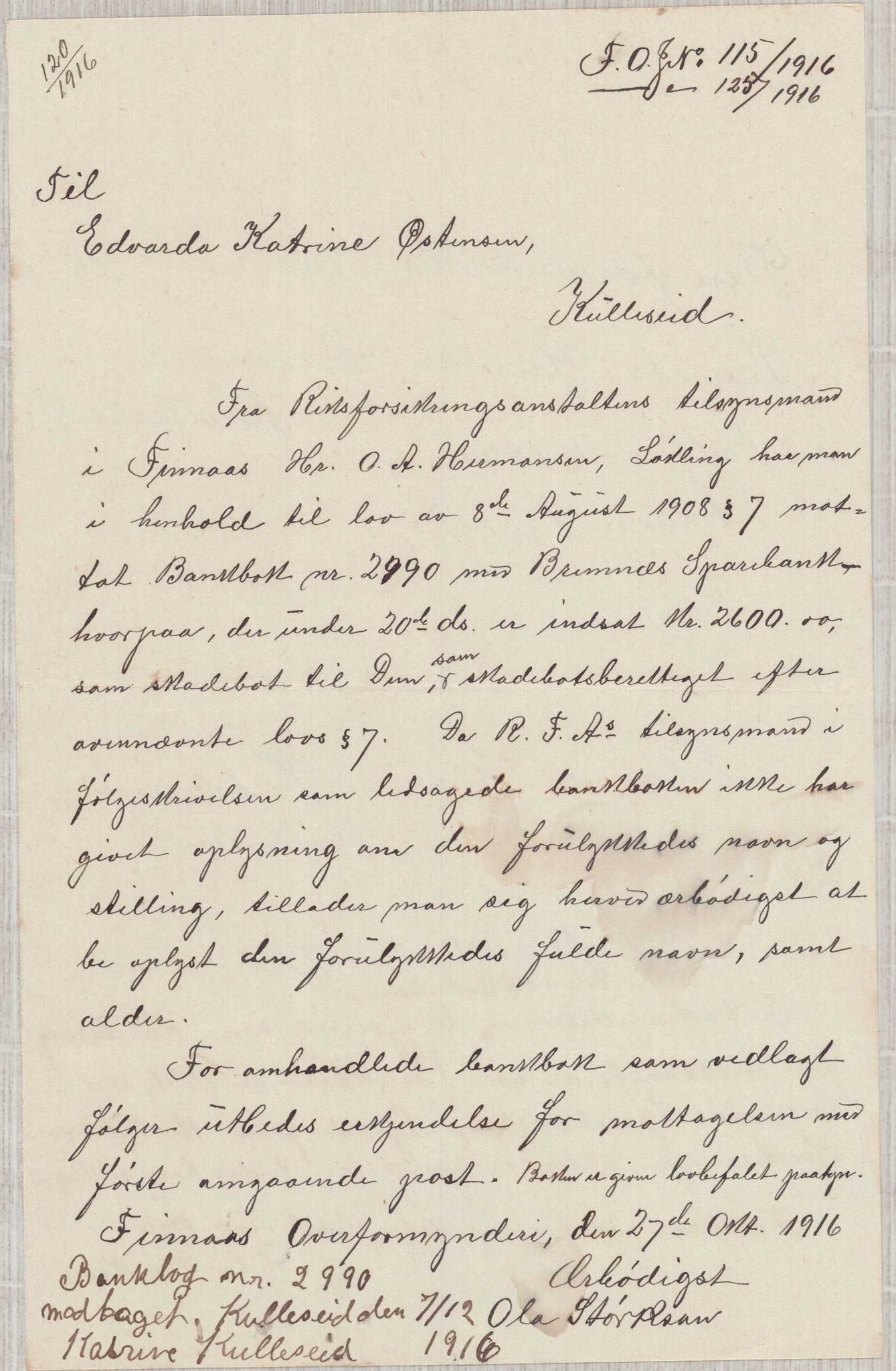 Finnaas kommune. Overformynderiet, IKAH/1218a-812/D/Da/Daa/L0003/0001: Kronologisk ordna korrespondanse / Kronologisk ordna korrespondanse, 1914-1916, p. 133