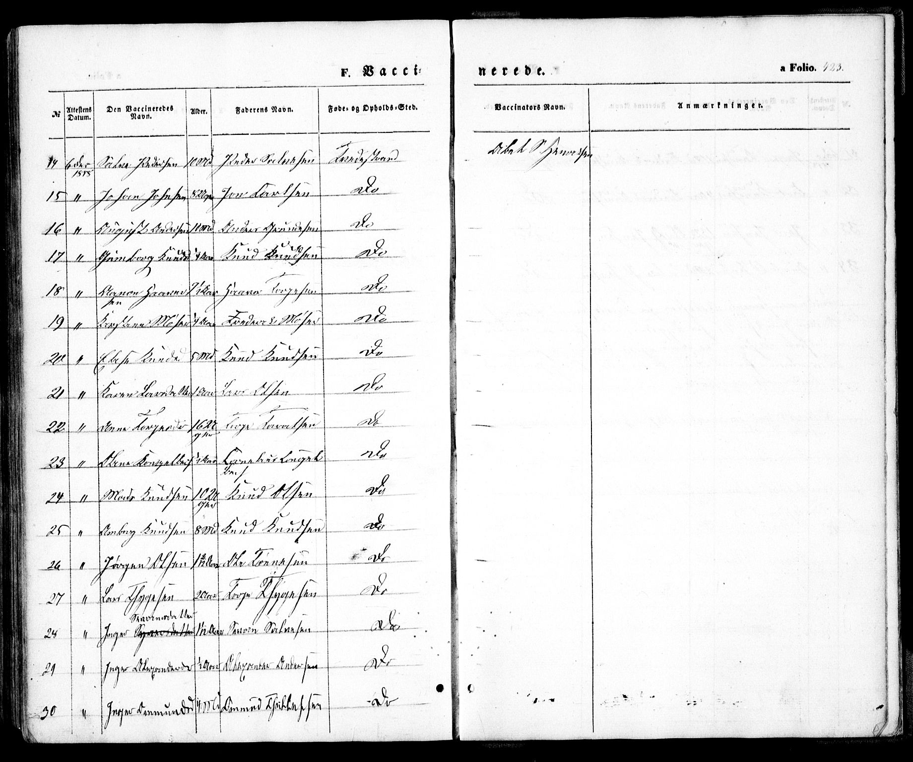 Holt sokneprestkontor, AV/SAK-1111-0021/F/Fa/L0008: Parish register (official) no. A 8, 1849-1860, p. 423