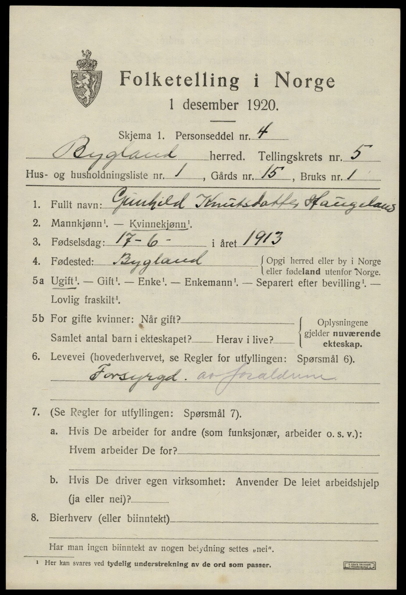 SAK, 1920 census for Bygland, 1920, p. 1859