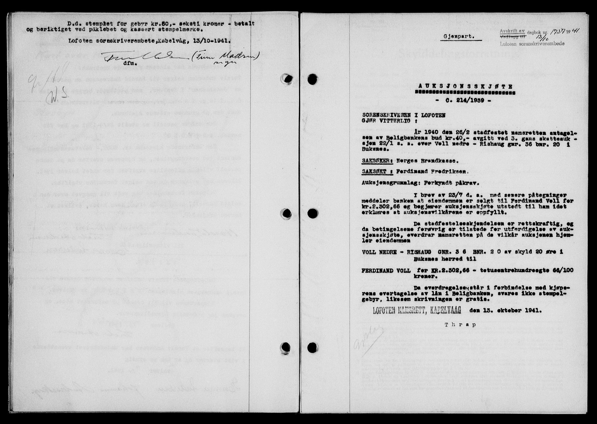 Lofoten sorenskriveri, SAT/A-0017/1/2/2C/L0009a: Mortgage book no. 9a, 1941-1942, Diary no: : 1737/1941