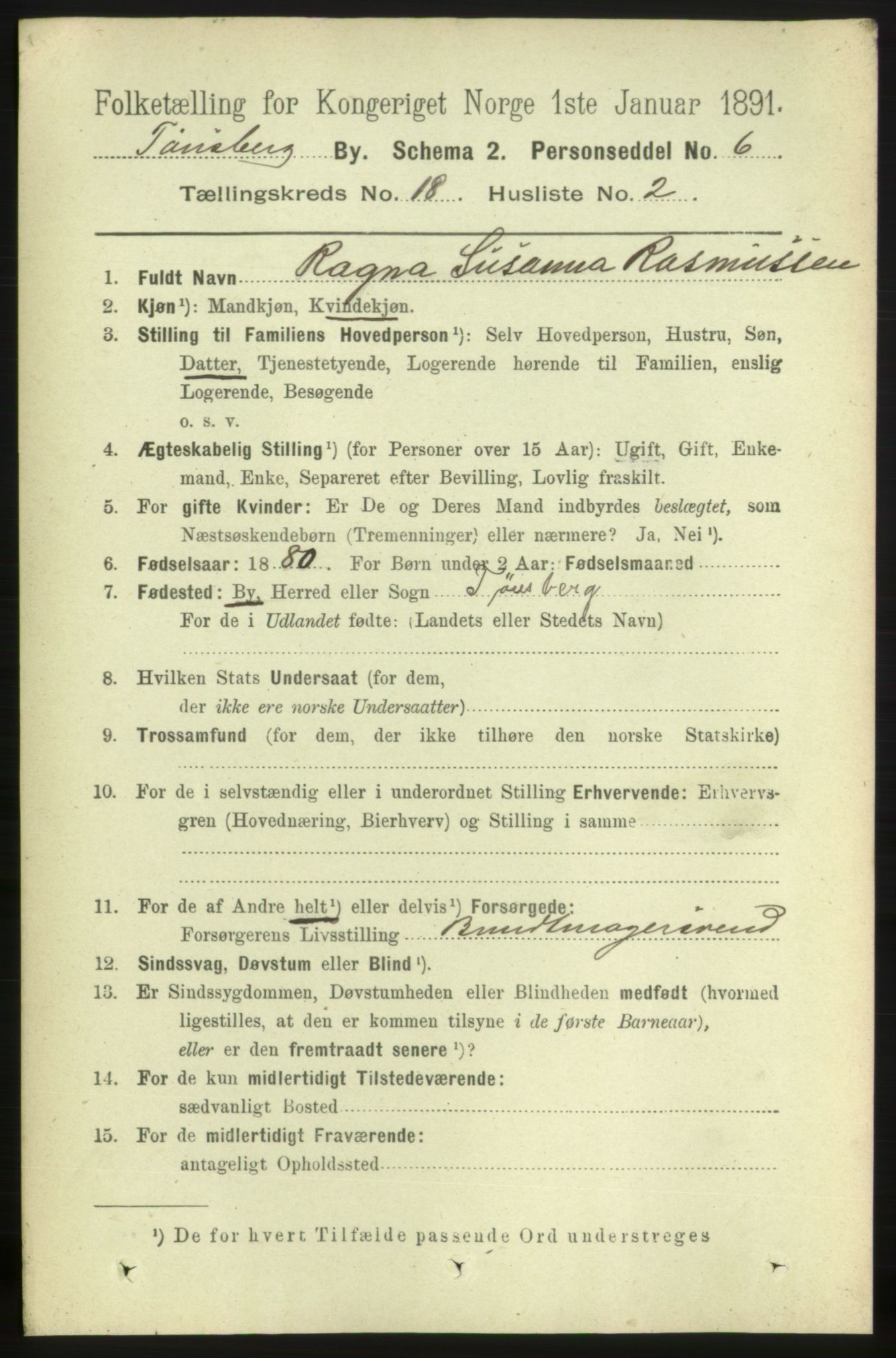 RA, 1891 census for 0705 Tønsberg, 1891, p. 5111