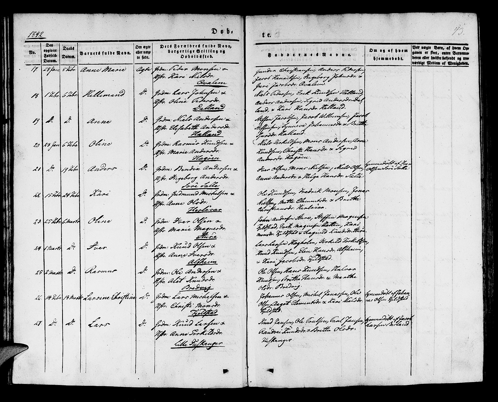 Manger sokneprestembete, AV/SAB-A-76801/H/Haa: Parish register (official) no. A 5, 1839-1848, p. 43