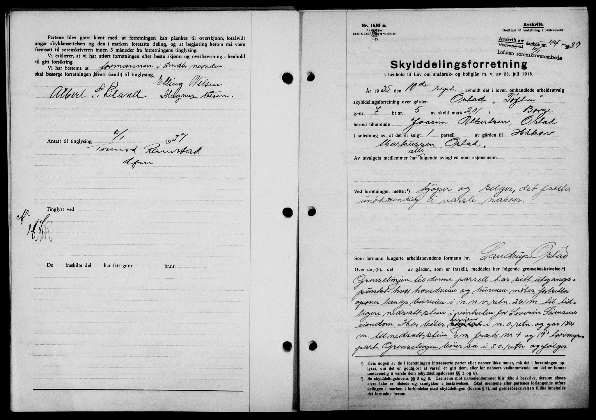 Lofoten sorenskriveri, SAT/A-0017/1/2/2C/L0001a: Mortgage book no. 1a, 1936-1937, Diary no: : 44/1937