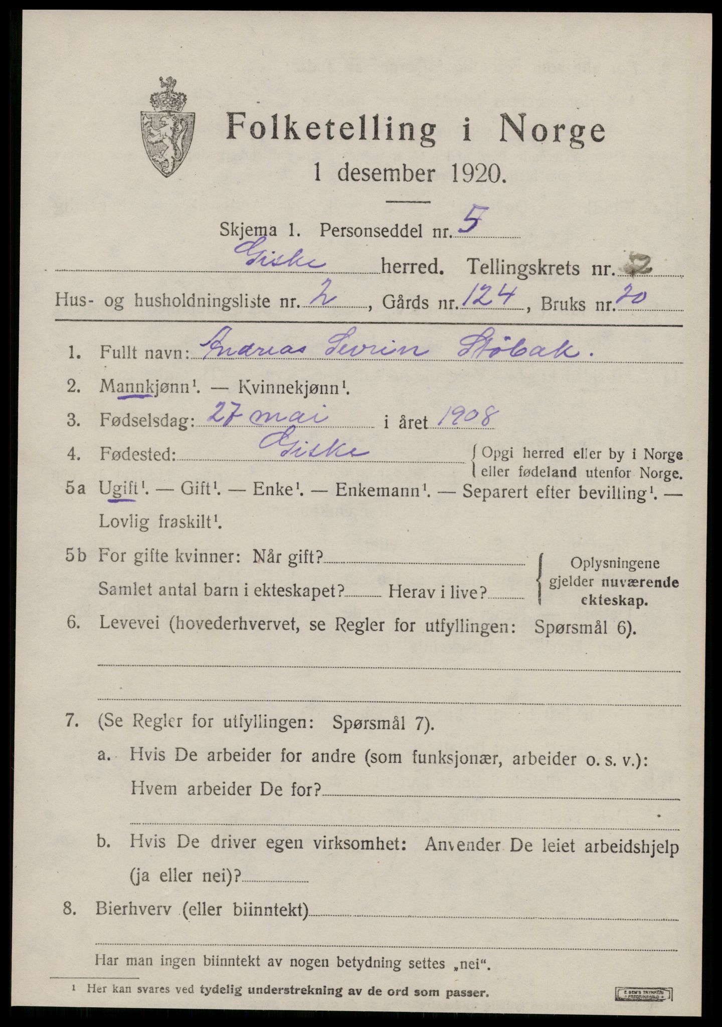 SAT, 1920 census for Giske, 1920, p. 888