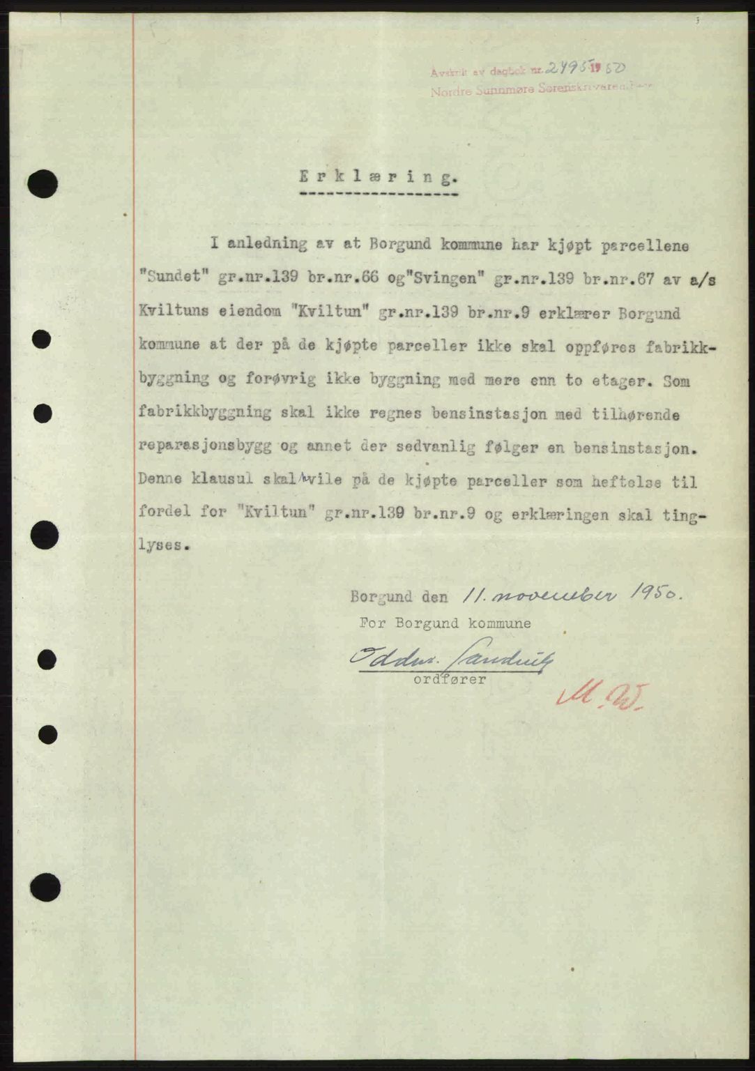 Nordre Sunnmøre sorenskriveri, AV/SAT-A-0006/1/2/2C/2Ca: Mortgage book no. A36, 1950-1950, Diary no: : 2495/1950