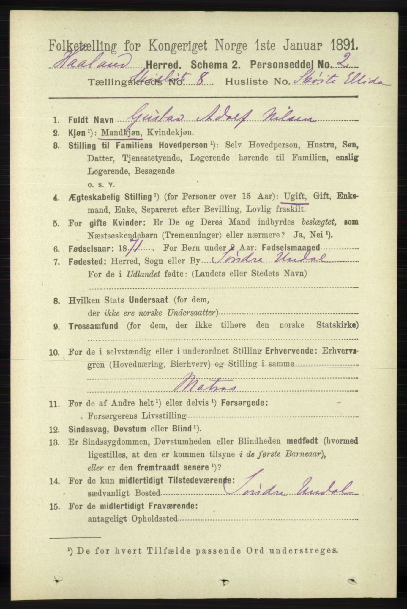 RA, 1891 census for 1124 Haaland, 1891, p. 4097