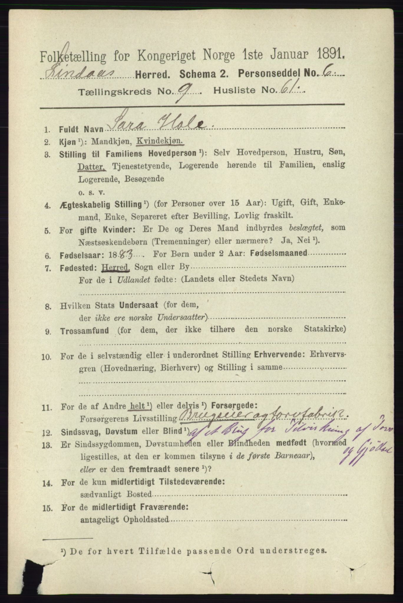 RA, 1891 census for 1263 Lindås, 1891, p. 3372