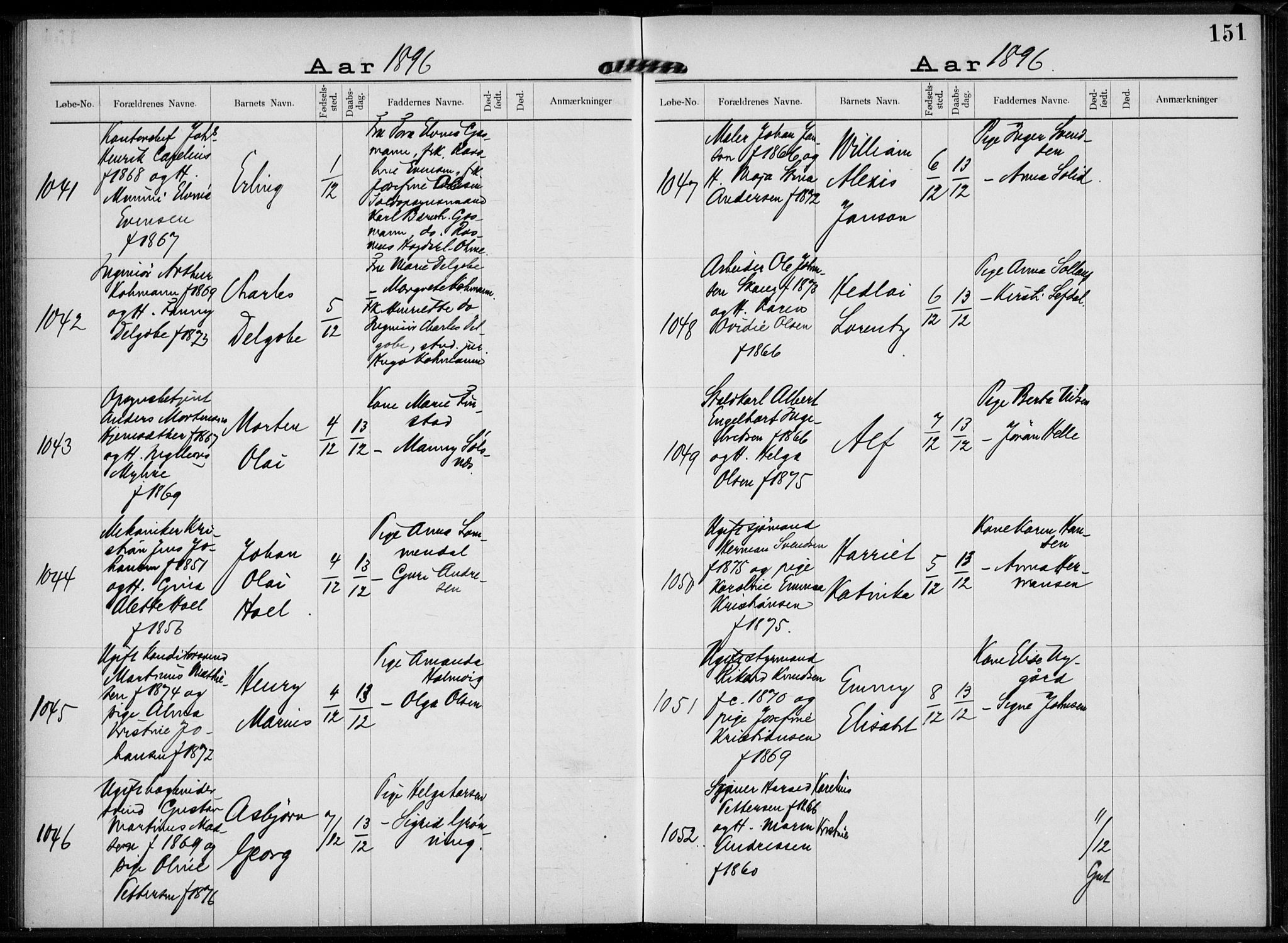 Rikshospitalet prestekontor Kirkebøker, AV/SAO-A-10309b/K/L0004/0002: Baptism register no. 4.2, 1895-1897, p. 151