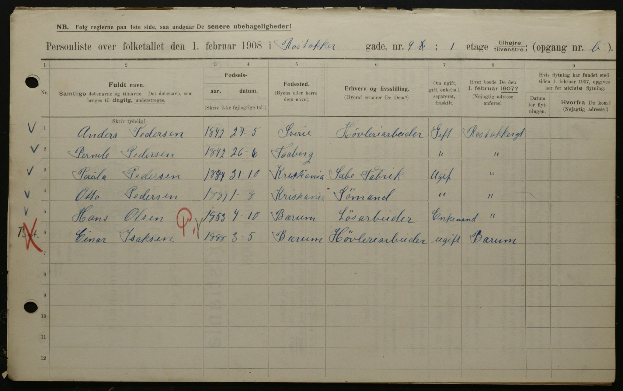 OBA, Municipal Census 1908 for Kristiania, 1908, p. 76187