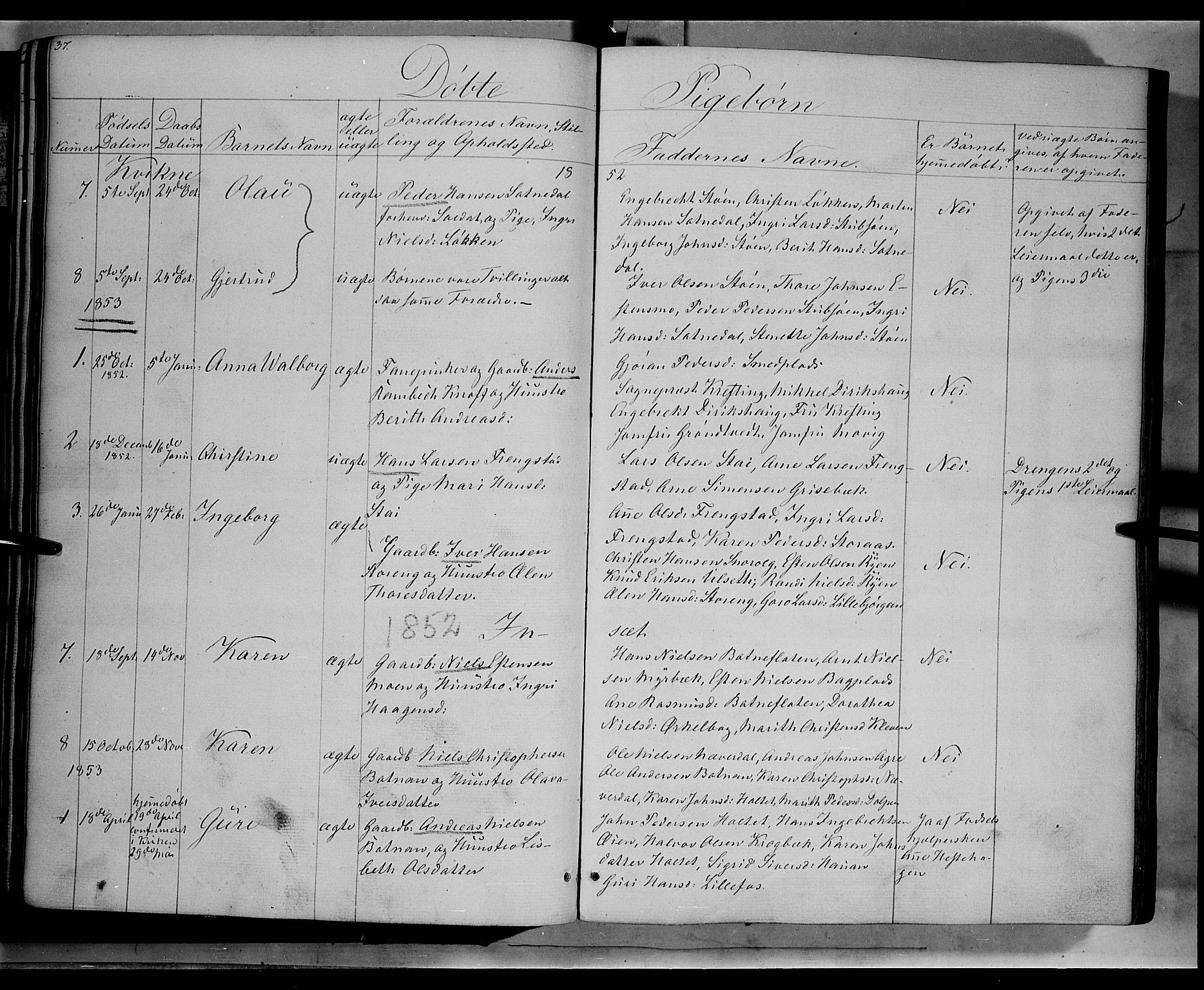 Kvikne prestekontor, SAH/PREST-064/H/Ha/Haa/L0005: Parish register (official) no. 5, 1841-1862, p. 37