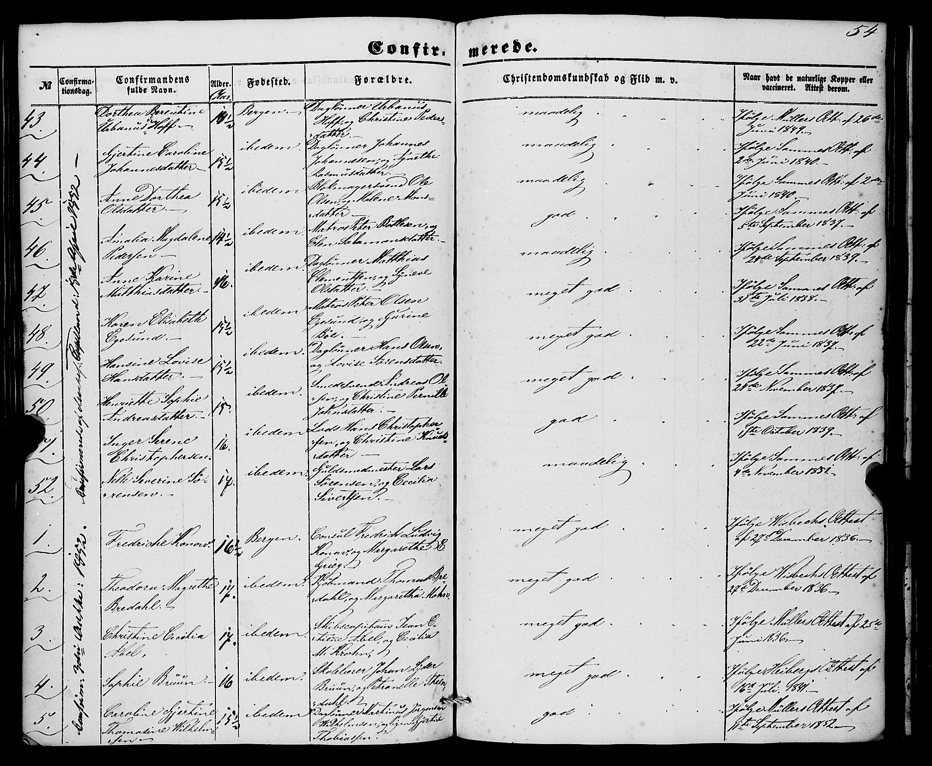 Nykirken Sokneprestembete, SAB/A-77101/H/Haa/L0023: Parish register (official) no. C 2, 1851-1863, p. 54