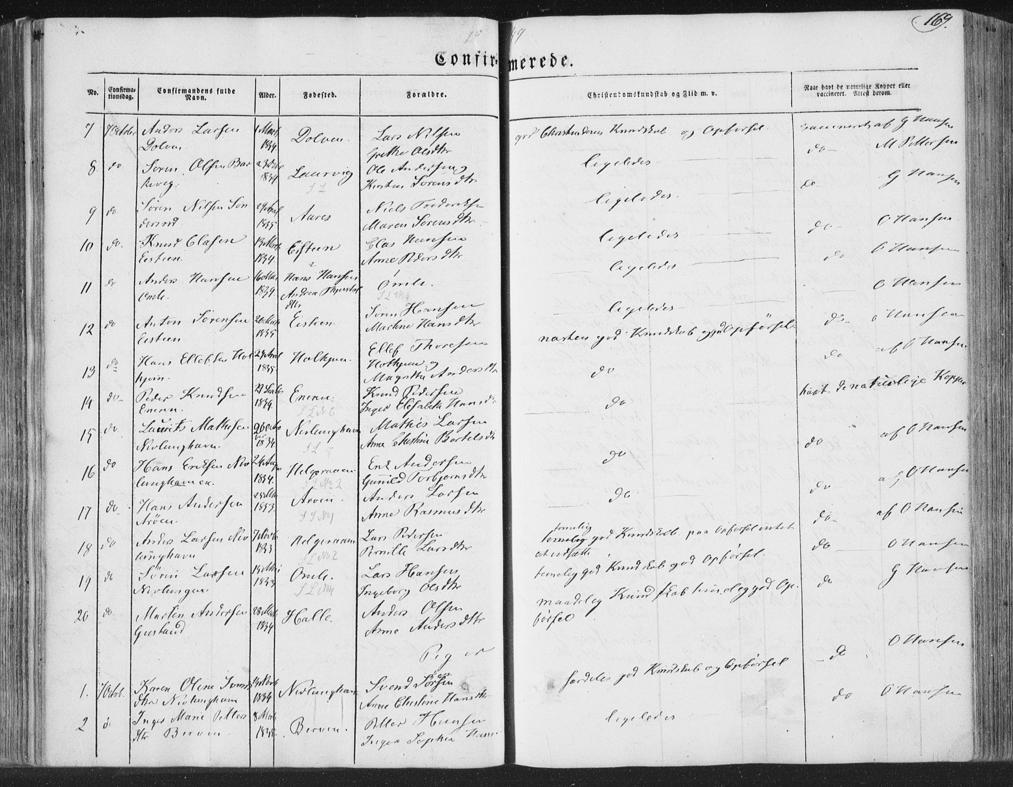 Brunlanes kirkebøker, AV/SAKO-A-342/F/Fa/L0004: Parish register (official) no. I 4, 1846-1862, p. 169