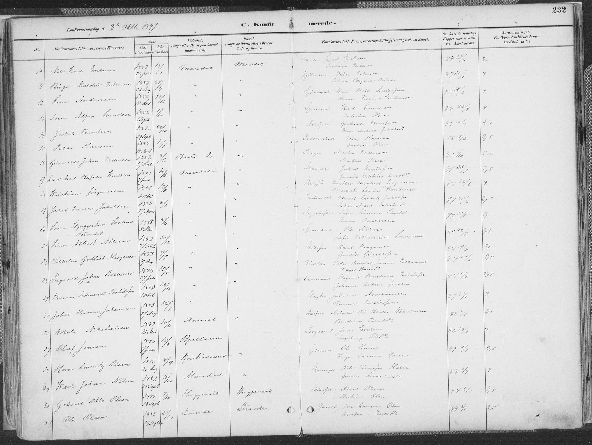 Mandal sokneprestkontor, AV/SAK-1111-0030/F/Fa/Faa/L0018: Parish register (official) no. A 18, 1890-1905, p. 232