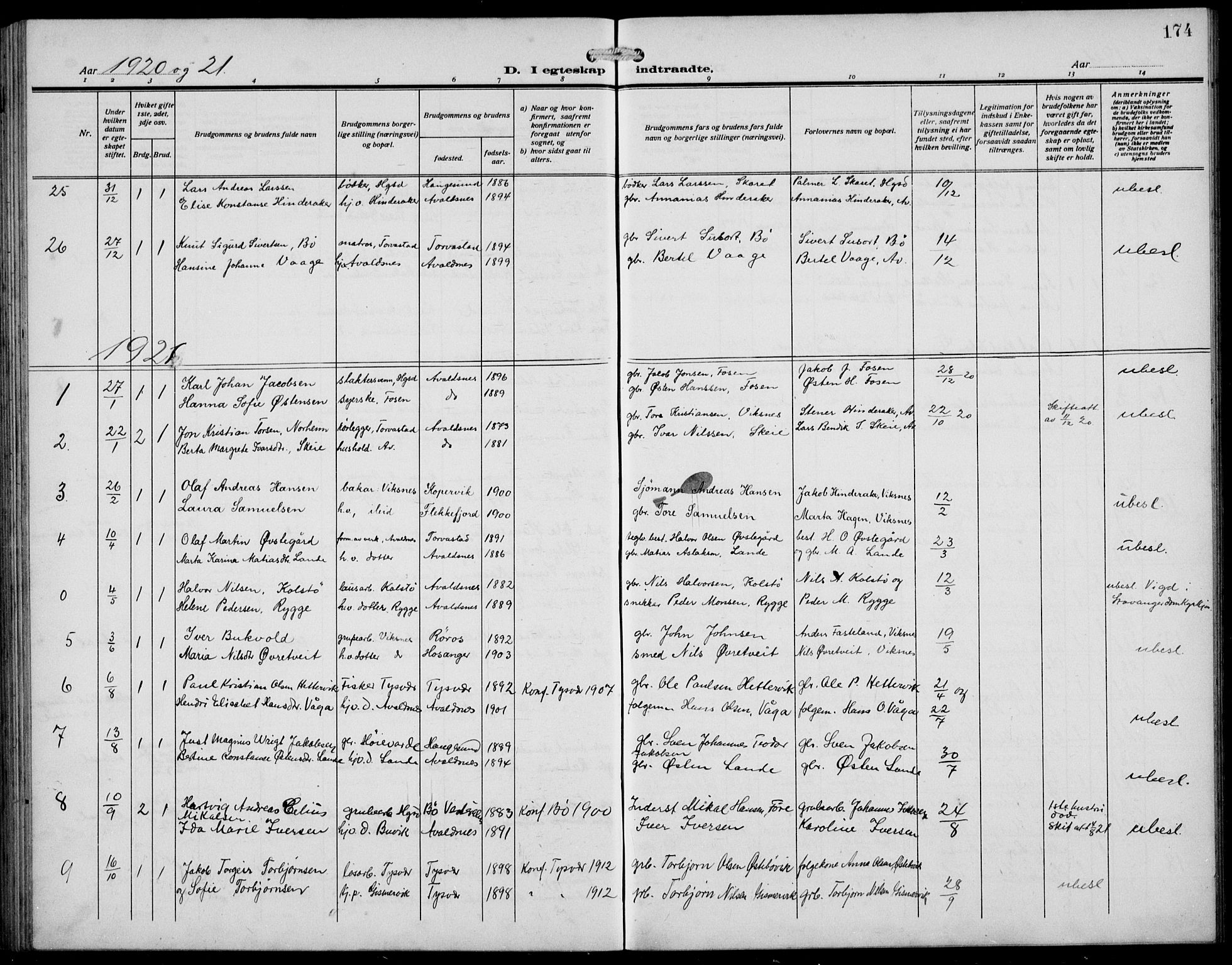 Avaldsnes sokneprestkontor, SAST/A -101851/H/Ha/Hab/L0008: Parish register (copy) no. B 8, 1910-1939, p. 174