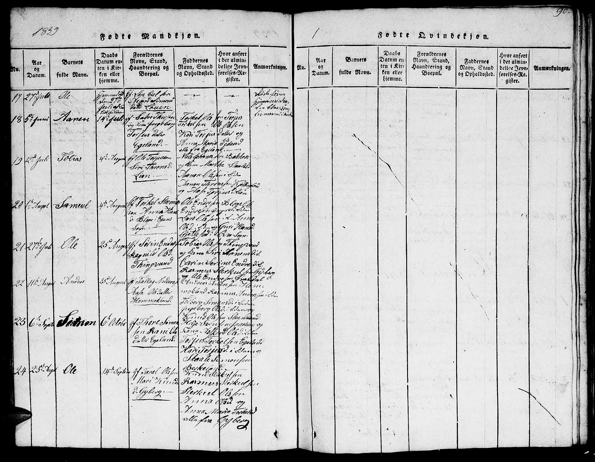 Hægebostad sokneprestkontor, AV/SAK-1111-0024/F/Fb/Fba/L0001: Parish register (copy) no. B 1, 1815-1844, p. 90