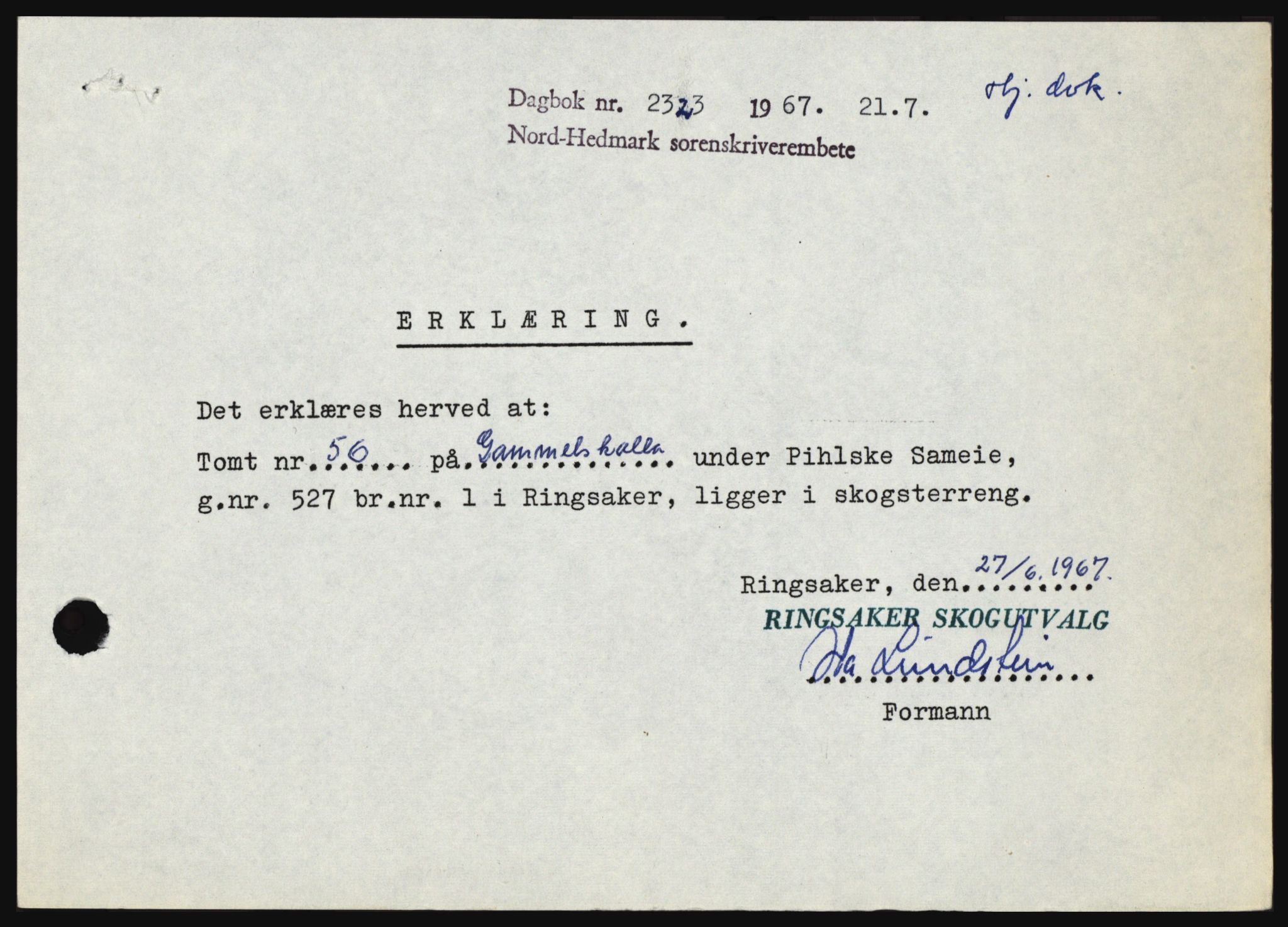 Nord-Hedmark sorenskriveri, AV/SAH-TING-012/H/Hc/L0026: Mortgage book no. 26, 1967-1967, Diary no: : 2323/1967