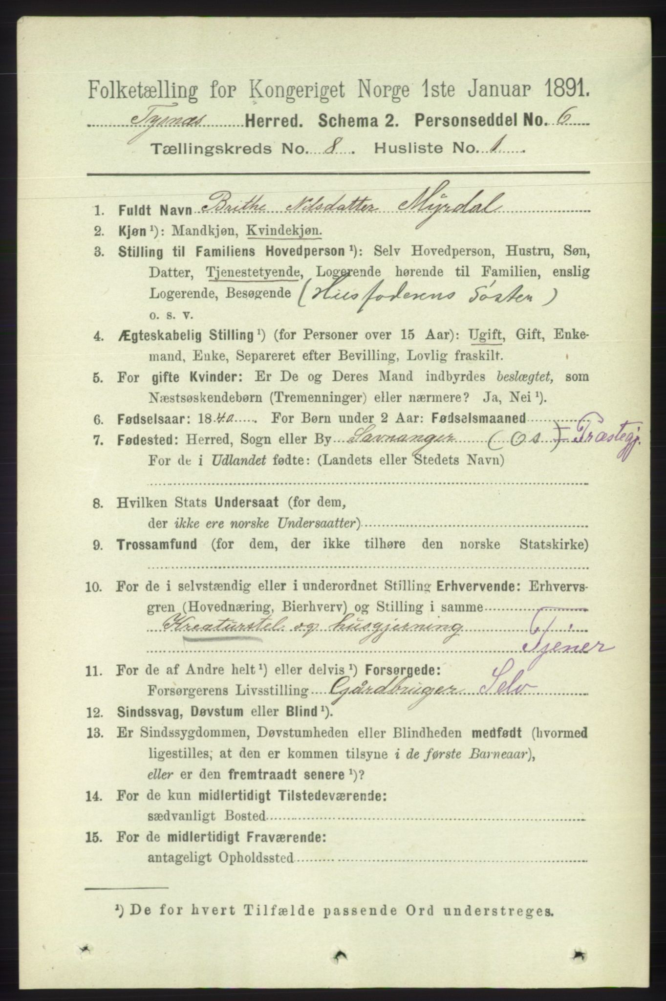 RA, 1891 census for 1223 Tysnes, 1891, p. 3663