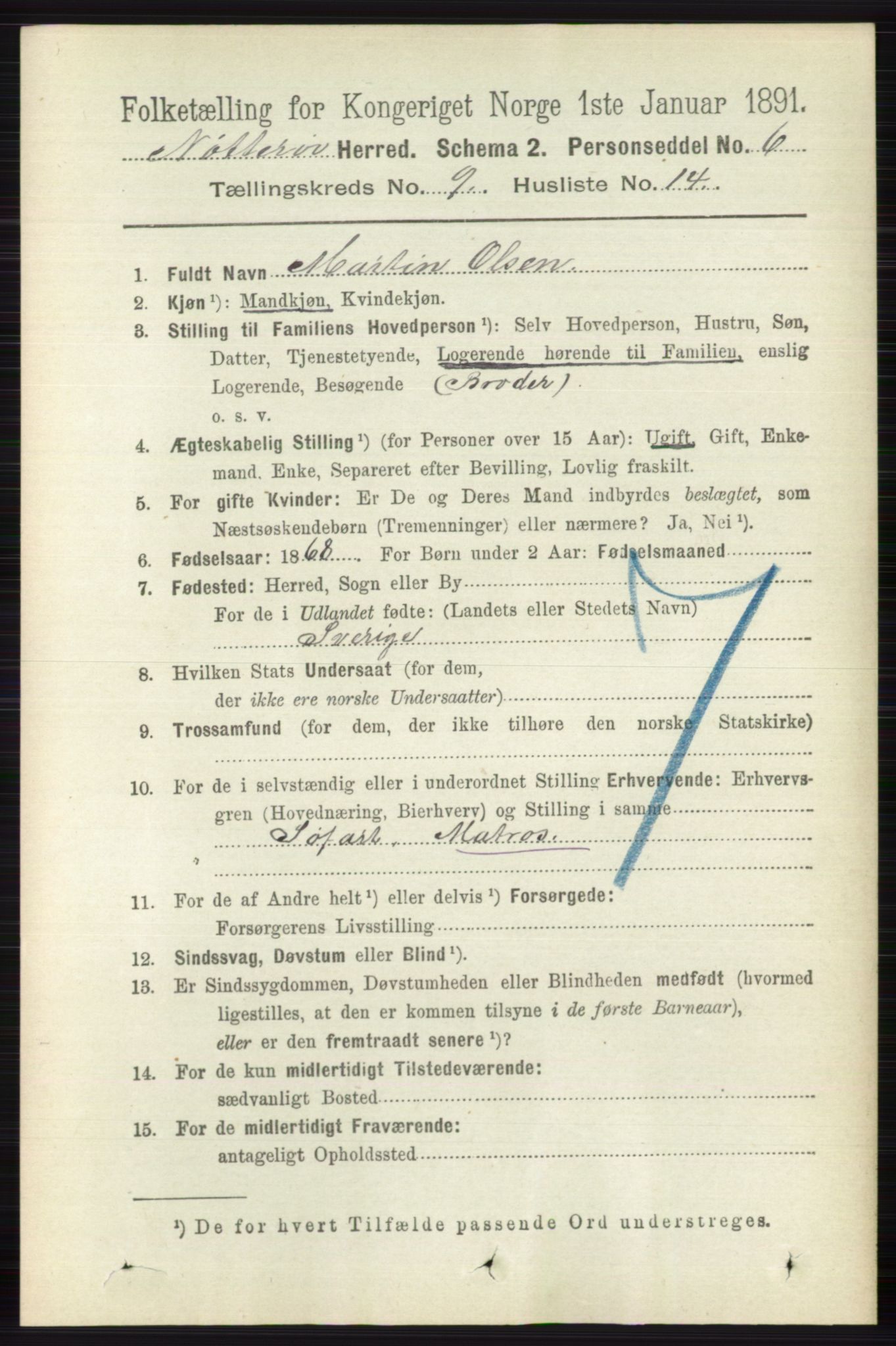 RA, 1891 census for 0722 Nøtterøy, 1891, p. 4647