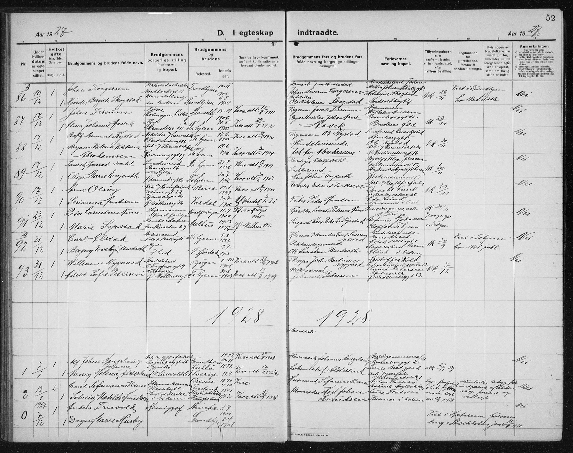 Ministerialprotokoller, klokkerbøker og fødselsregistre - Sør-Trøndelag, SAT/A-1456/605/L0260: Parish register (copy) no. 605C07, 1922-1942, p. 52