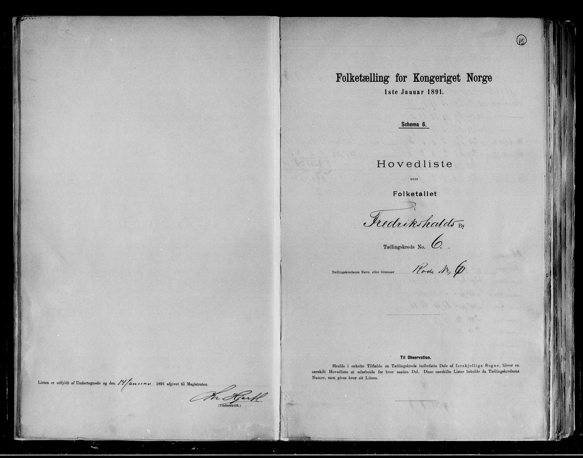 RA, 1891 census for 0101 Fredrikshald, 1891, p. 15
