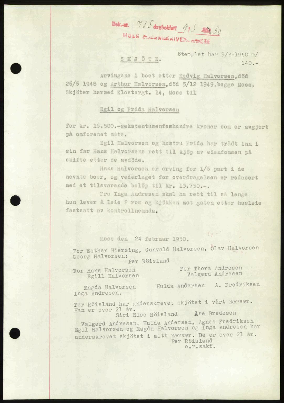 Moss sorenskriveri, SAO/A-10168: Mortgage book no. A25, 1950-1950, Diary no: : 785/1950