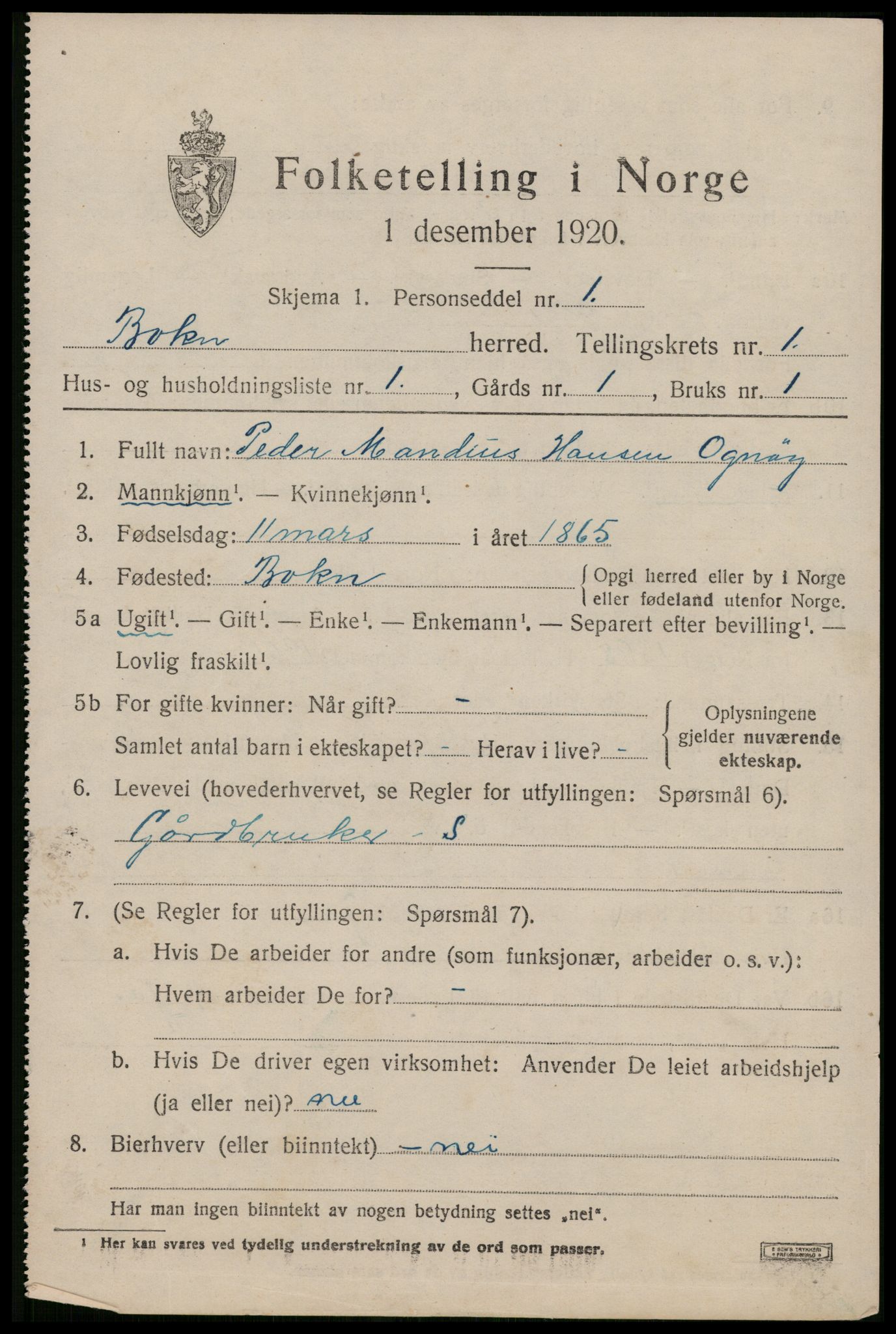 SAST, 1920 census for Bokn, 1920, p. 342