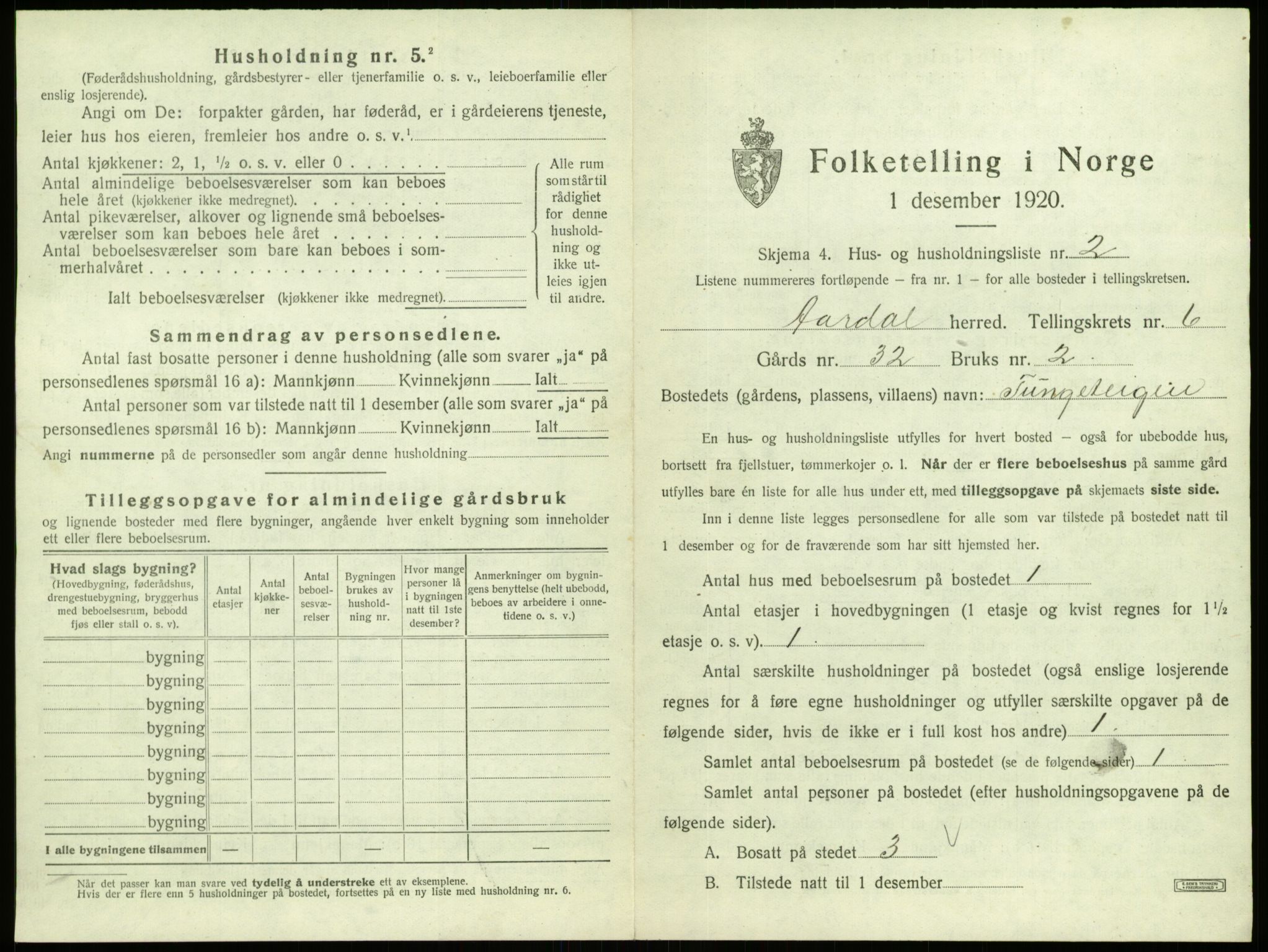 SAB, 1920 census for Årdal, 1920, p. 399