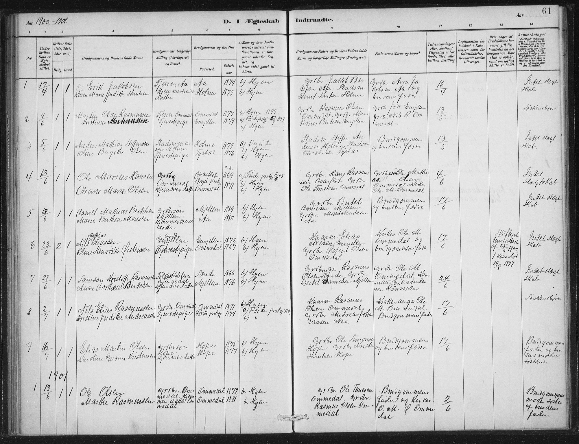 Gloppen sokneprestembete, SAB/A-80101/H/Haa/Haae/L0001: Parish register (official) no. E  1, 1885-1904, p. 61