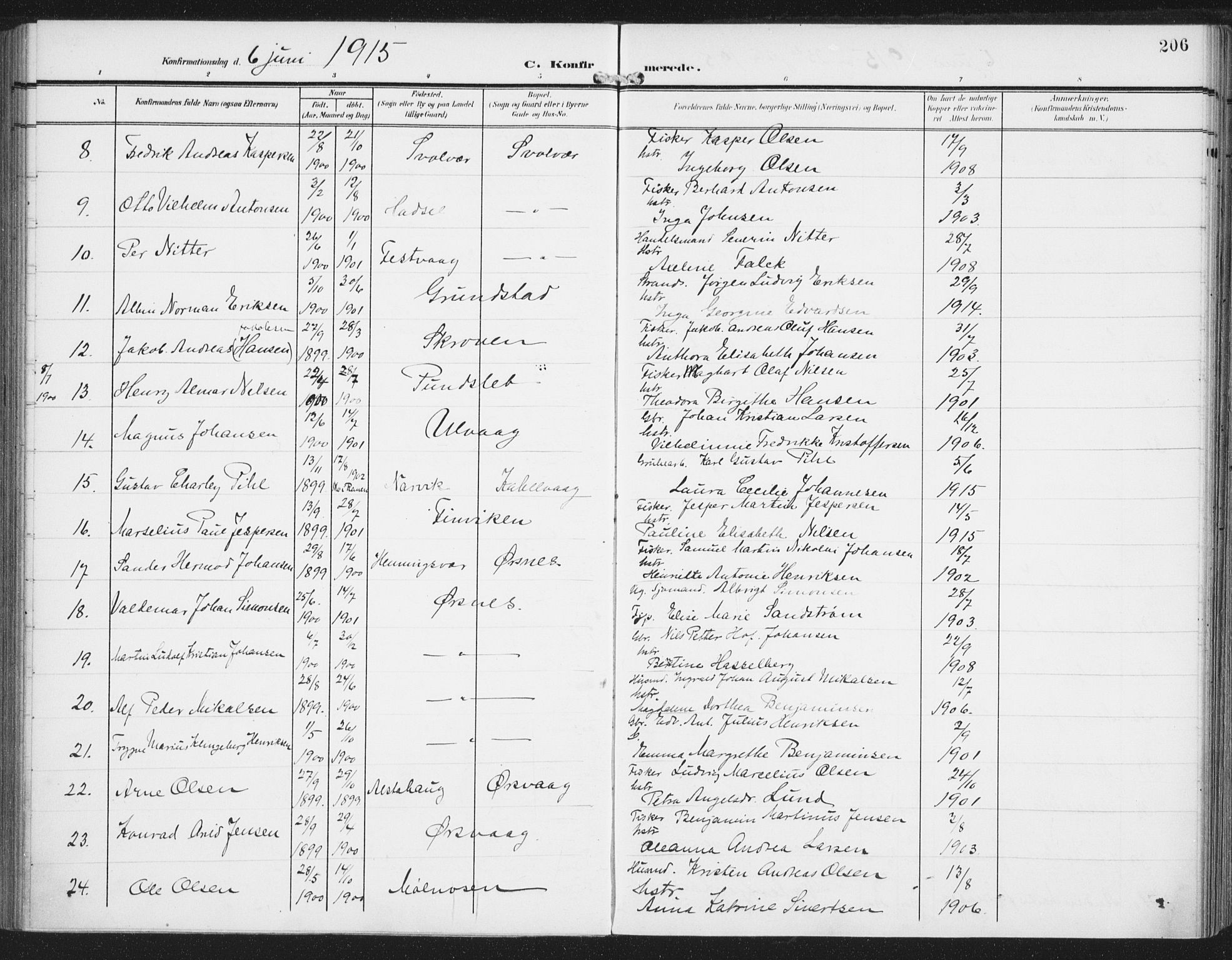 Ministerialprotokoller, klokkerbøker og fødselsregistre - Nordland, AV/SAT-A-1459/874/L1063: Parish register (official) no. 874A07, 1907-1915, p. 206