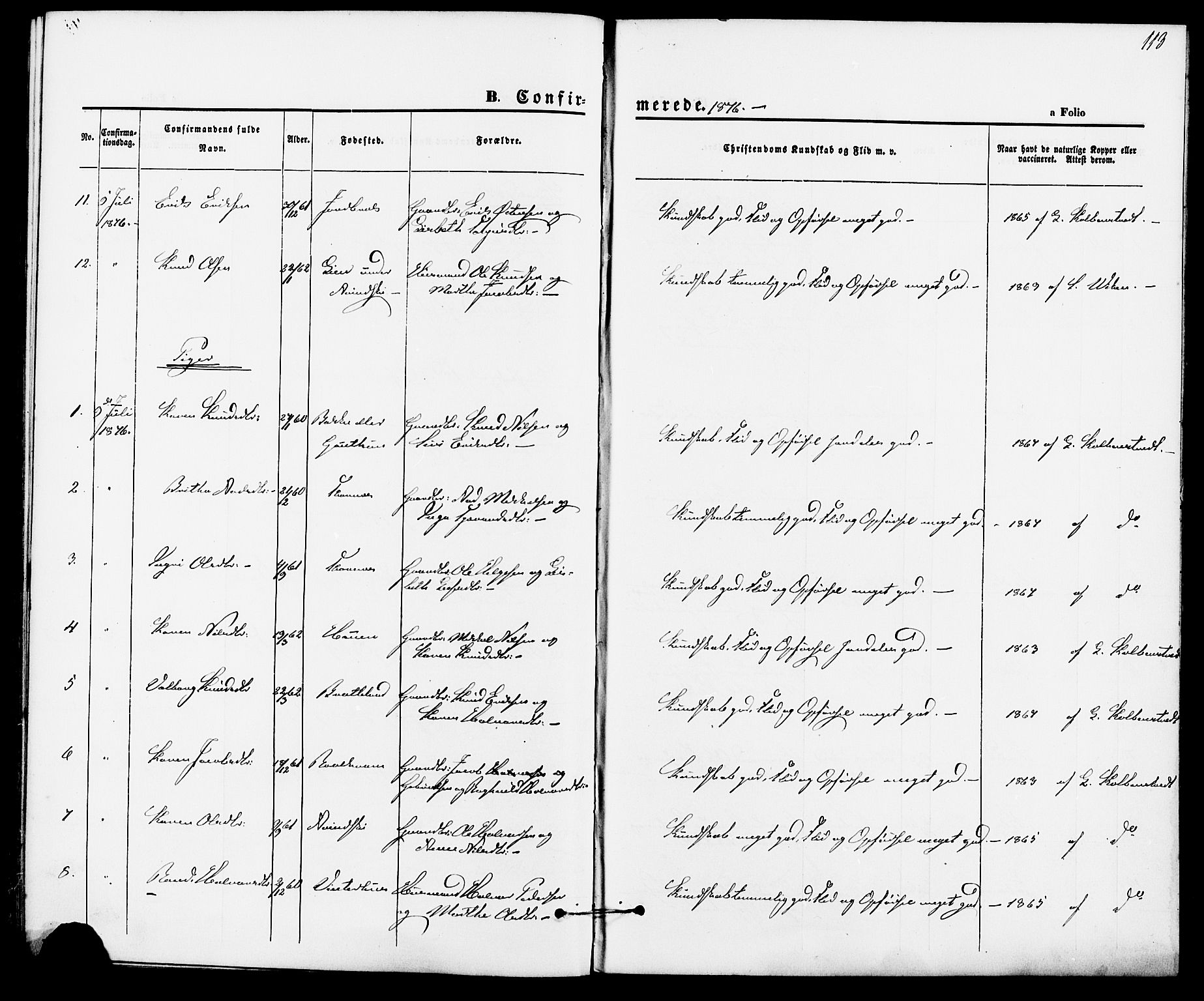 Suldal sokneprestkontor, AV/SAST-A-101845/01/IV/L0010: Parish register (official) no. A 10, 1869-1878, p. 113