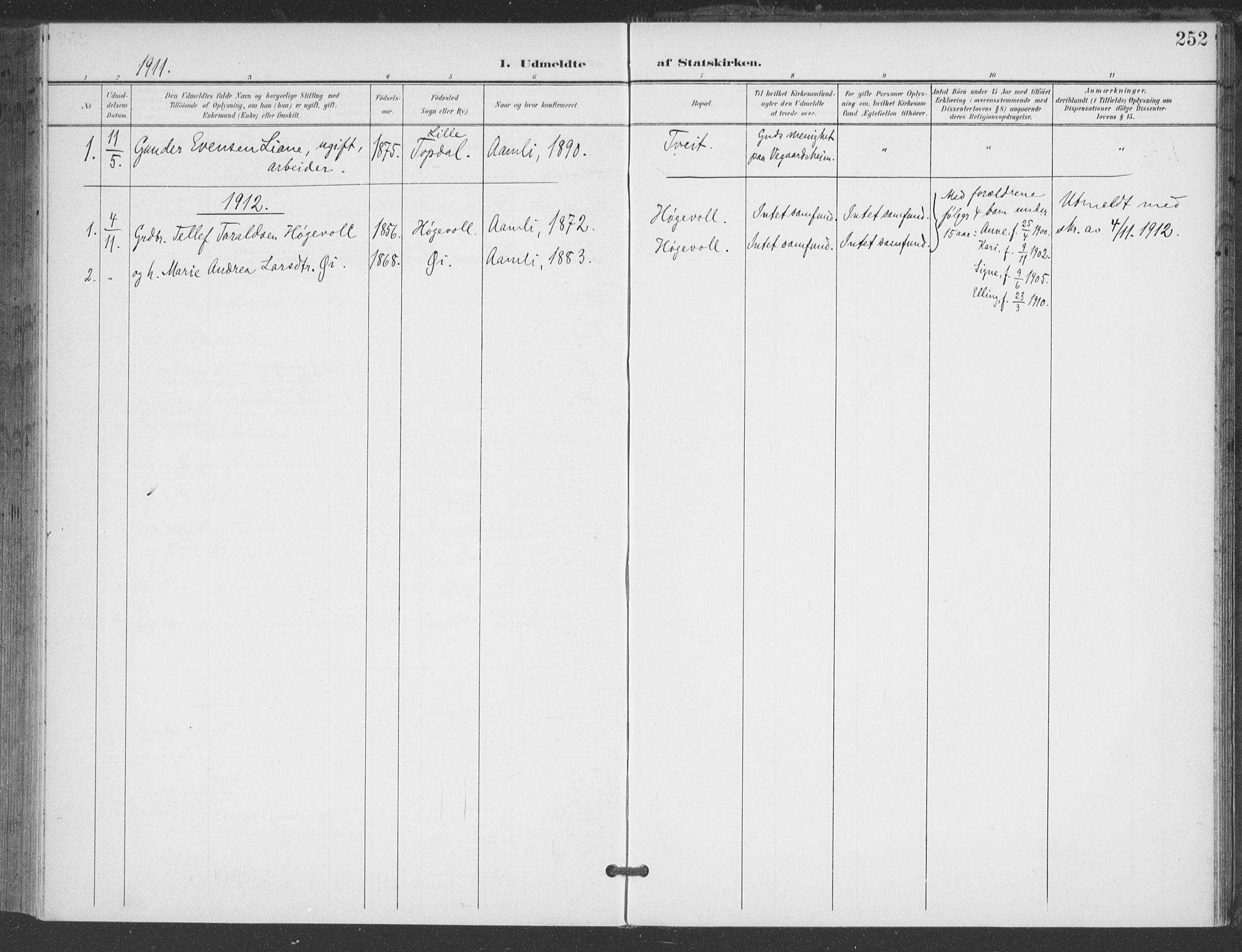 Åmli sokneprestkontor, AV/SAK-1111-0050/F/Fa/Fac/L0012: Parish register (official) no. A 12, 1900-1914, p. 252