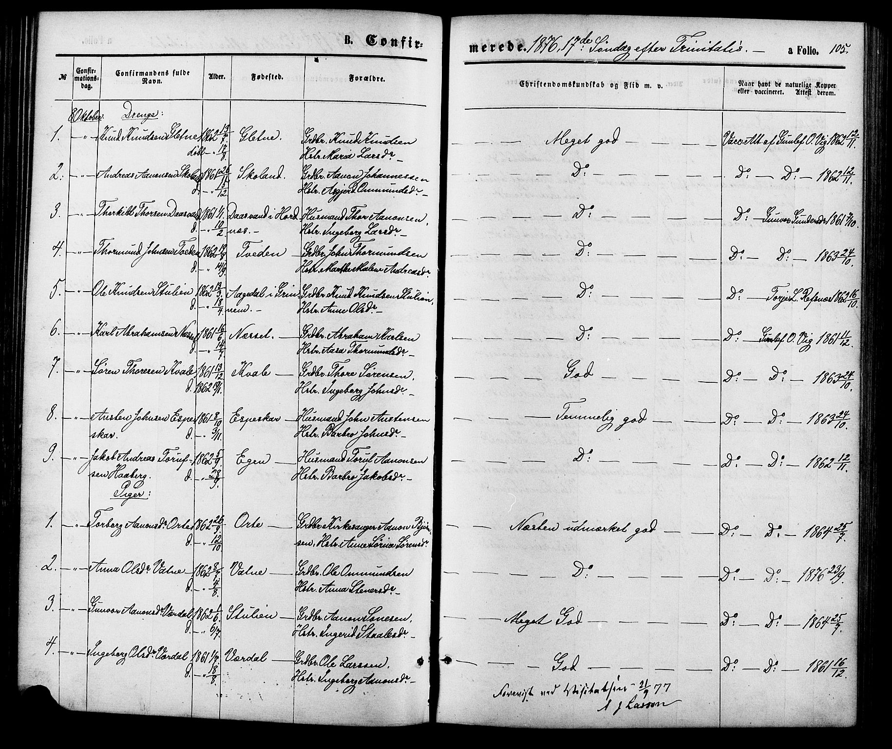 Hægebostad sokneprestkontor, SAK/1111-0024/F/Fa/Fab/L0003: Parish register (official) no. A 3, 1872-1886, p. 105