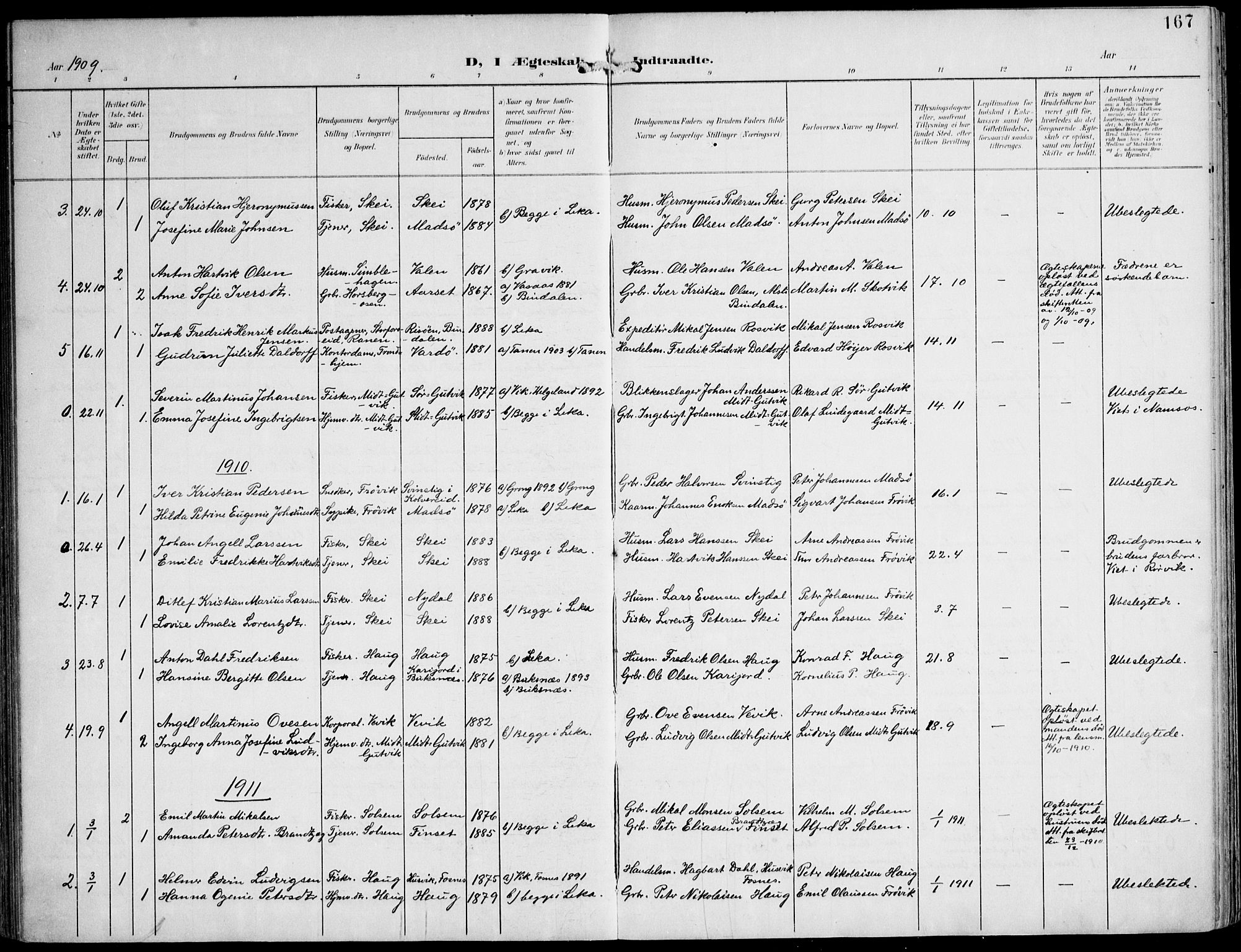 Ministerialprotokoller, klokkerbøker og fødselsregistre - Nord-Trøndelag, SAT/A-1458/788/L0698: Parish register (official) no. 788A05, 1902-1921, p. 167