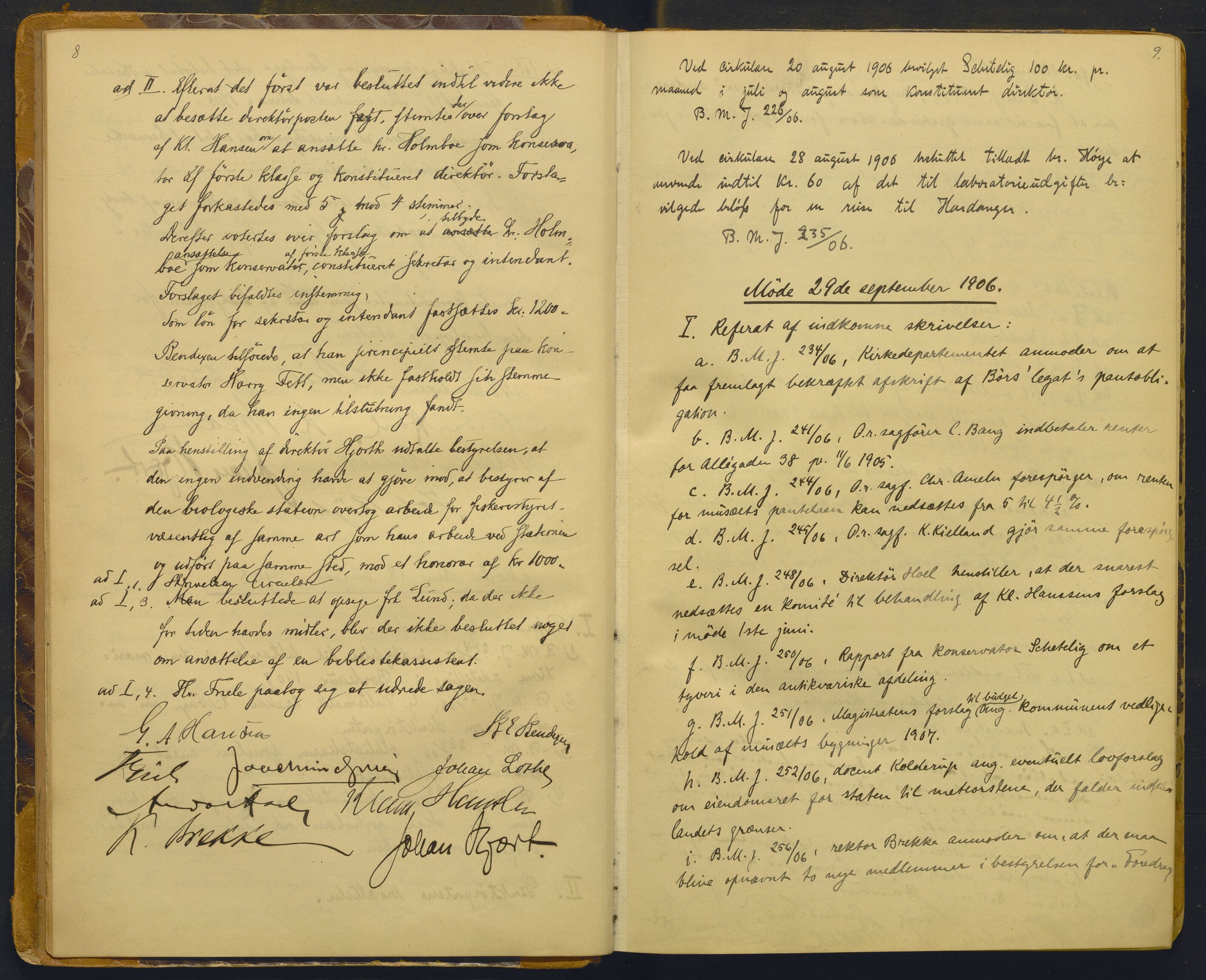 Bergens Museum, AV/SAB-A-17301/02/A/L0008: Forhandlingsprotokoll med register , 1906-1927, p. 8-9